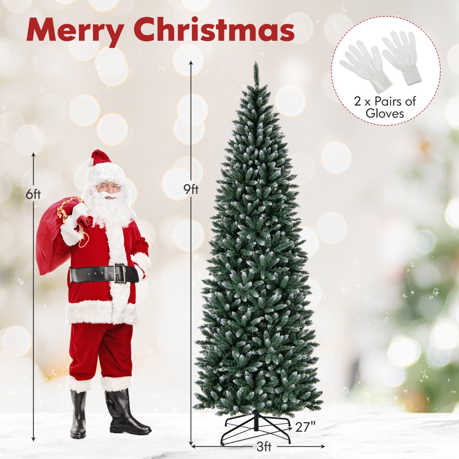 Costway 9FT Pre-Lit Christmas Tree Hinged Slim Pencil Xmas with 500 LED Lights & 1298 Tips