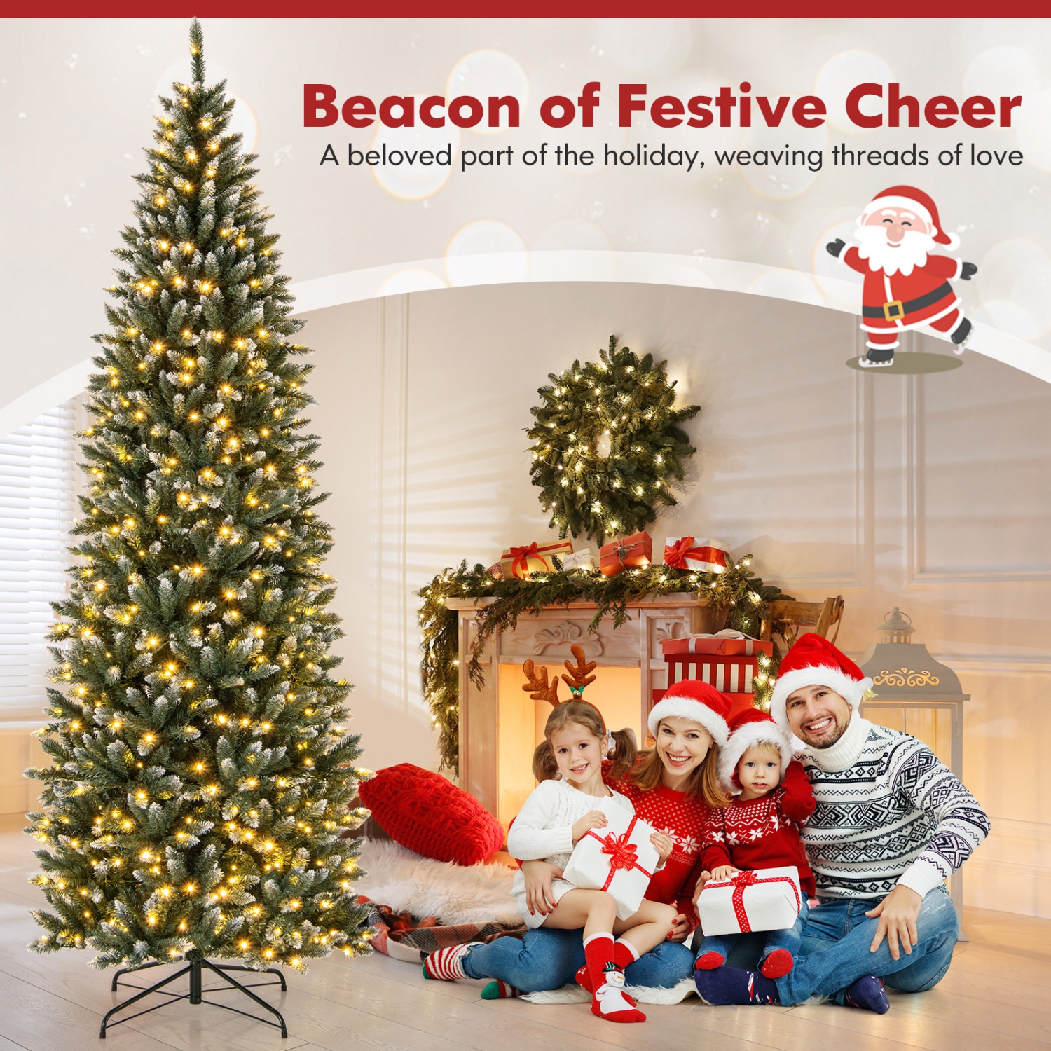 Costway 9FT Pre-Lit Christmas Tree Hinged Slim Pencil Xmas with 500 LED Lights & 1298 Tips