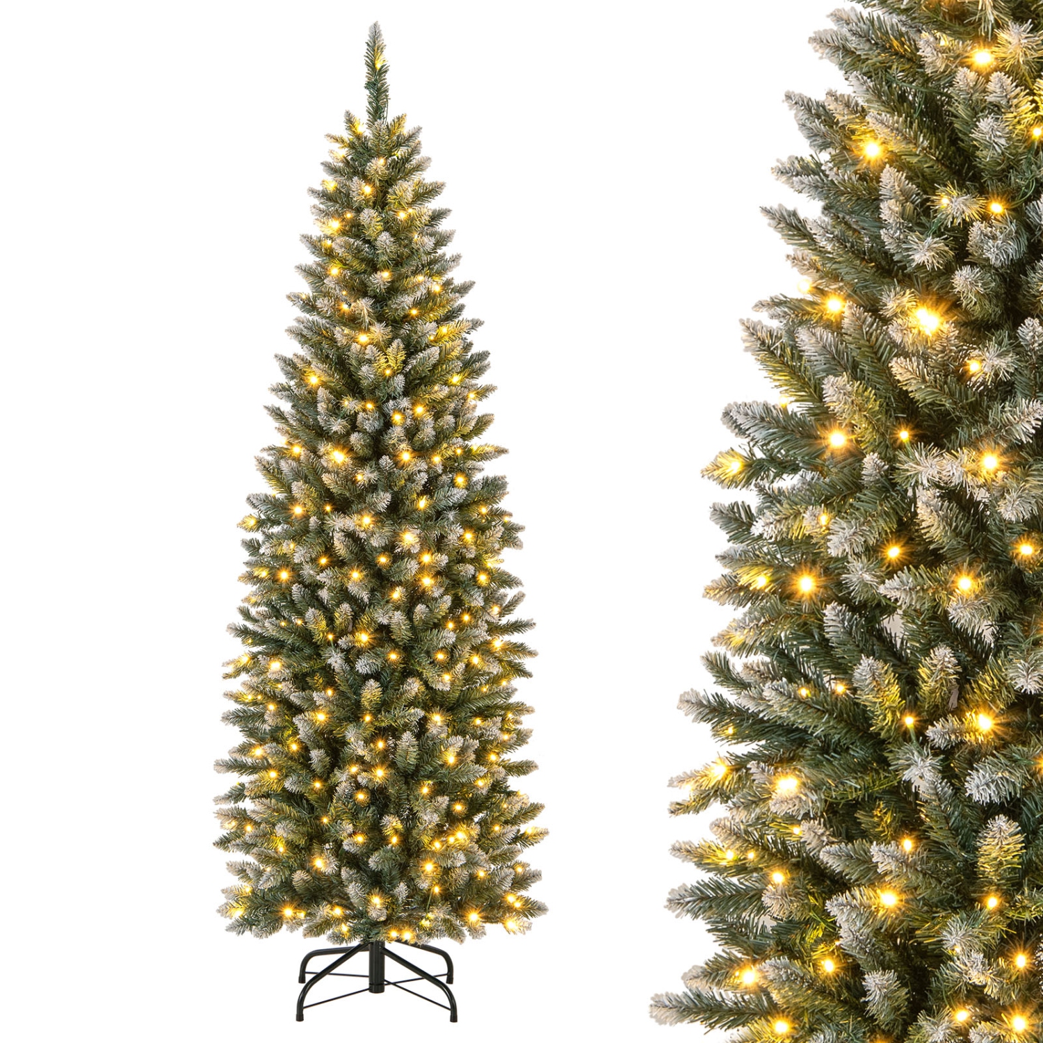 Costway 6 FT Pre-Lit Christmas Tree Hinged Slim Pencil Xmas with 250 LED Lights & 618 Tips