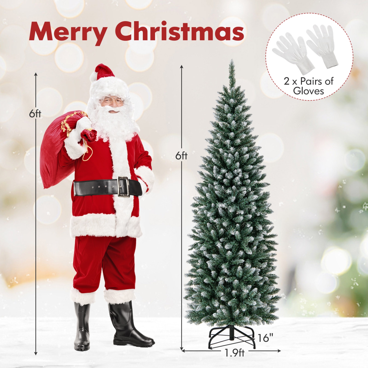 Costway 6 FT Pre-Lit Christmas Tree Hinged Slim Pencil Xmas with 250 LED Lights & 618 Tips