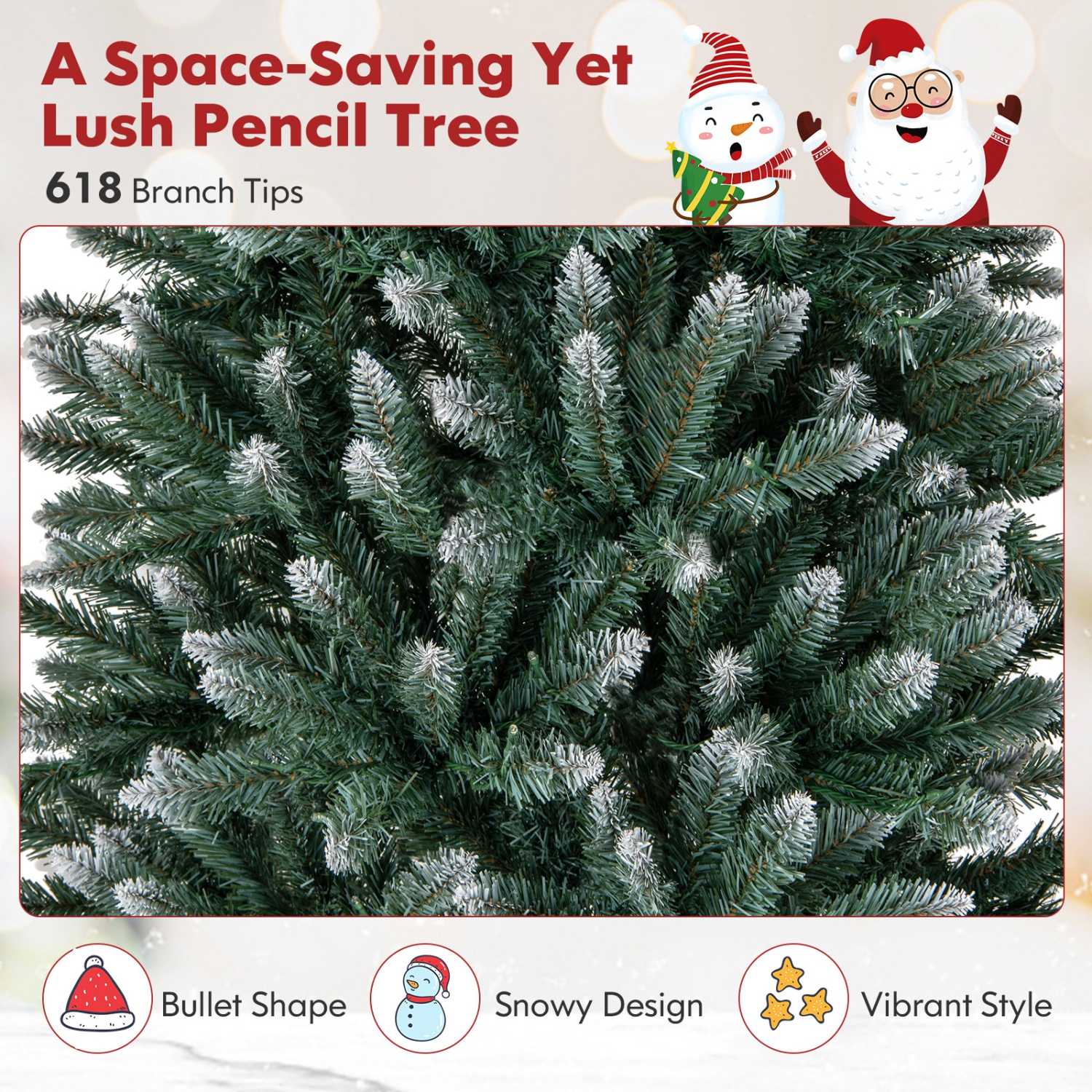 Costway 6 FT Pre-Lit Christmas Tree Hinged Slim Pencil Xmas with 250 LED Lights & 618 Tips