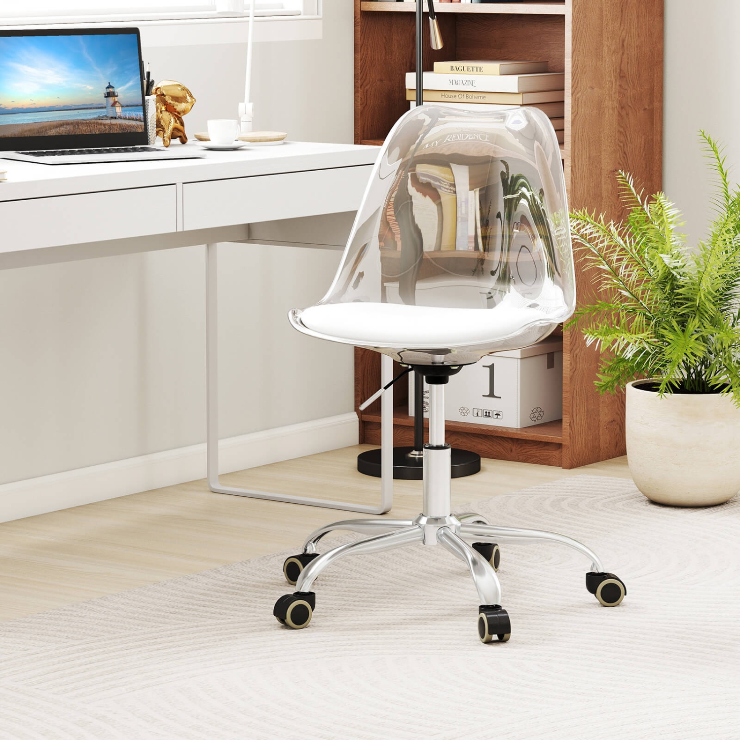 Chaise de bureau transparente PCS 1/2 de Costway avec siège pivotant et roulettes universelles en cuir de polyuréthane souple