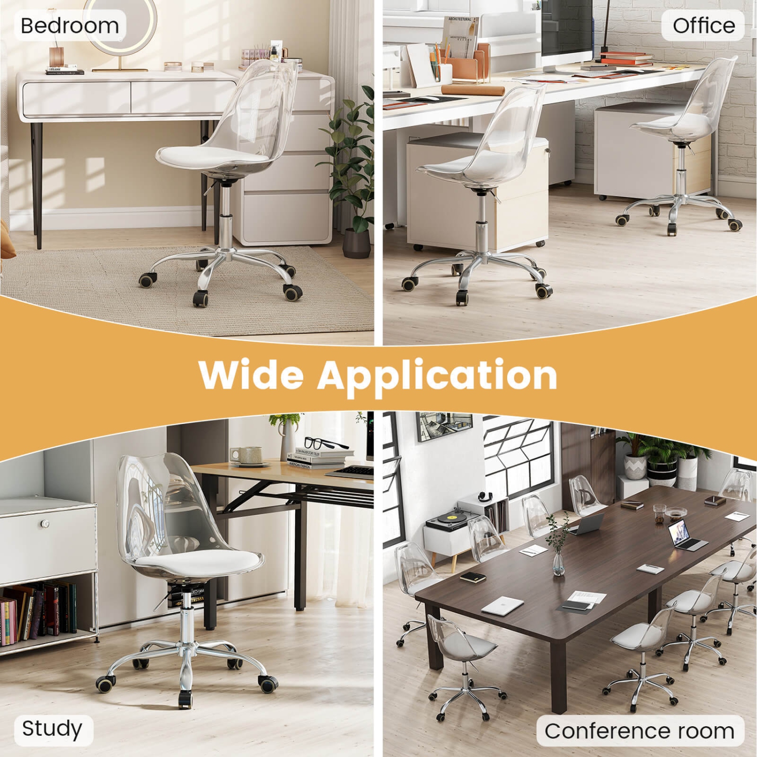 Chaise de bureau transparente PCS 1/2 de Costway avec siège pivotant et roulettes universelles en cuir de polyuréthane souple