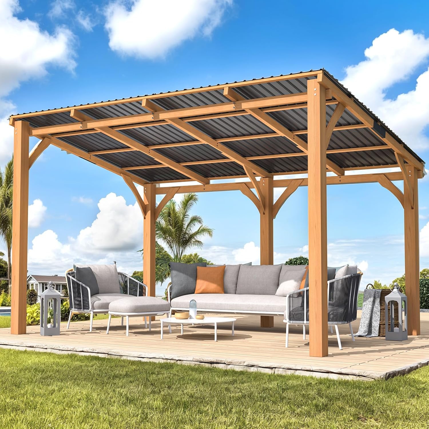 AECOJOY 14' x 10' Outdoor Wood Gazebo for Patio, Wall Mounted Wooden Lean to Hardtop Cedar Pergolas and Gazebos Clearance