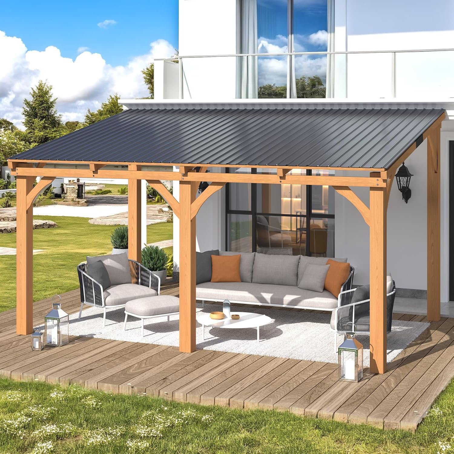 AECOJOY 14' x 10' Outdoor Wood Gazebo for Patio, Wall Mounted Wooden Lean to Hardtop Cedar Pergolas and Gazebos Clearance