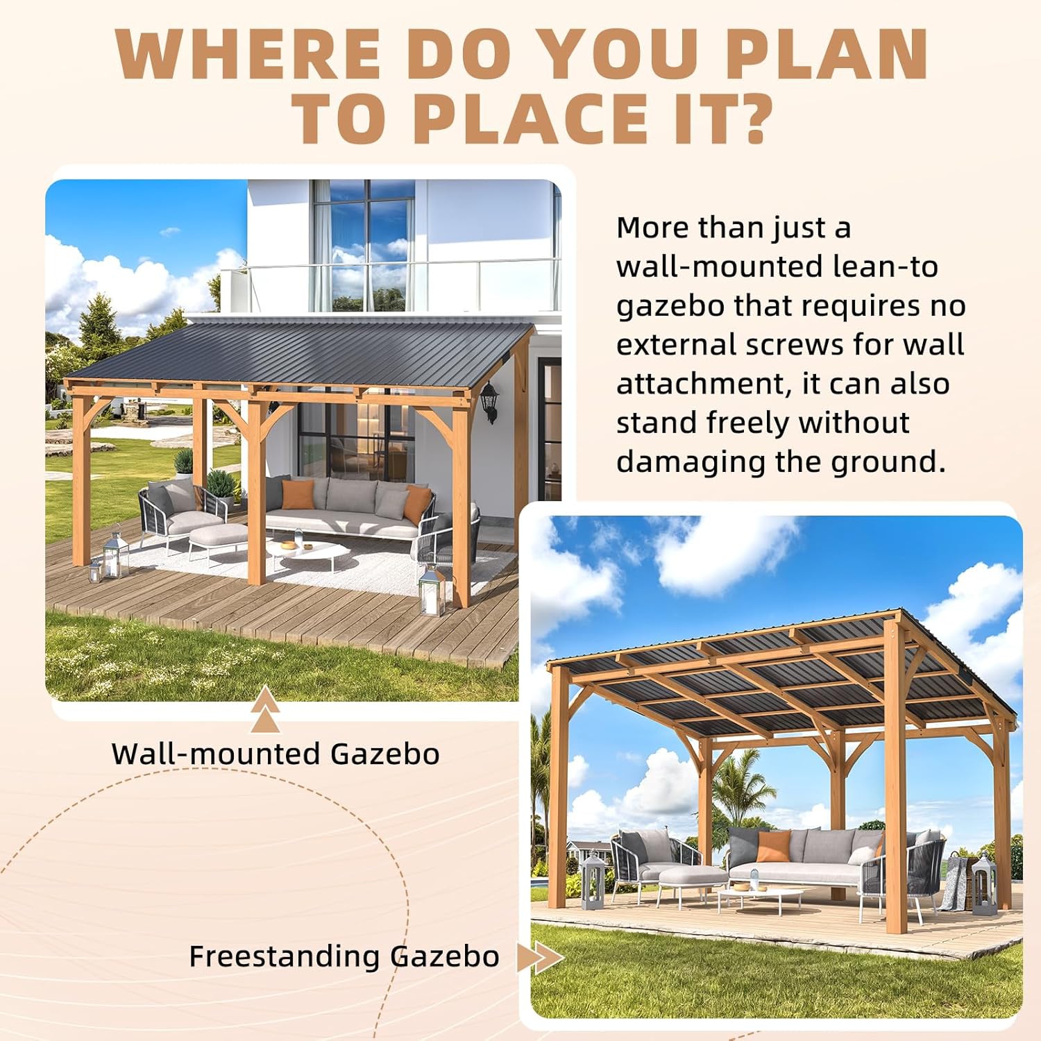AECOJOY 14' x 10' Outdoor Wood Gazebo for Patio, Wall Mounted Wooden Lean to Hardtop Cedar Pergolas and Gazebos Clearance