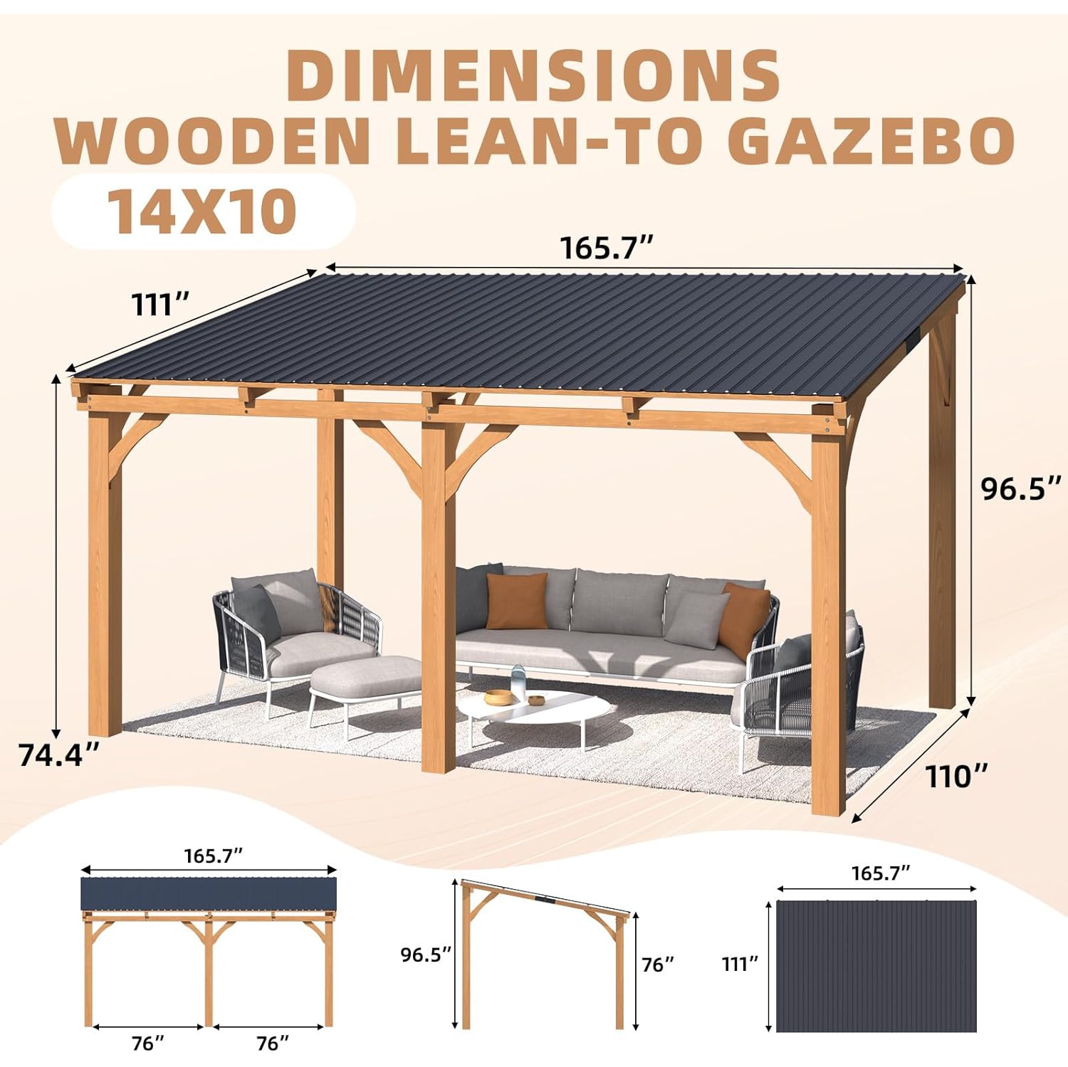 AECOJOY 14' x 10' Outdoor Wood Gazebo for Patio, Wall Mounted Wooden Lean to Hardtop Cedar Pergolas and Gazebos Clearance