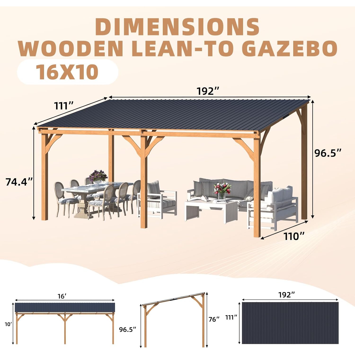 AECOJOY 16' x 10' Outdoor Wood Gazebo for Patio, Wall Mounted Wooden Lean to Hardtop Cedar Pergolas and Gazebos Clearance