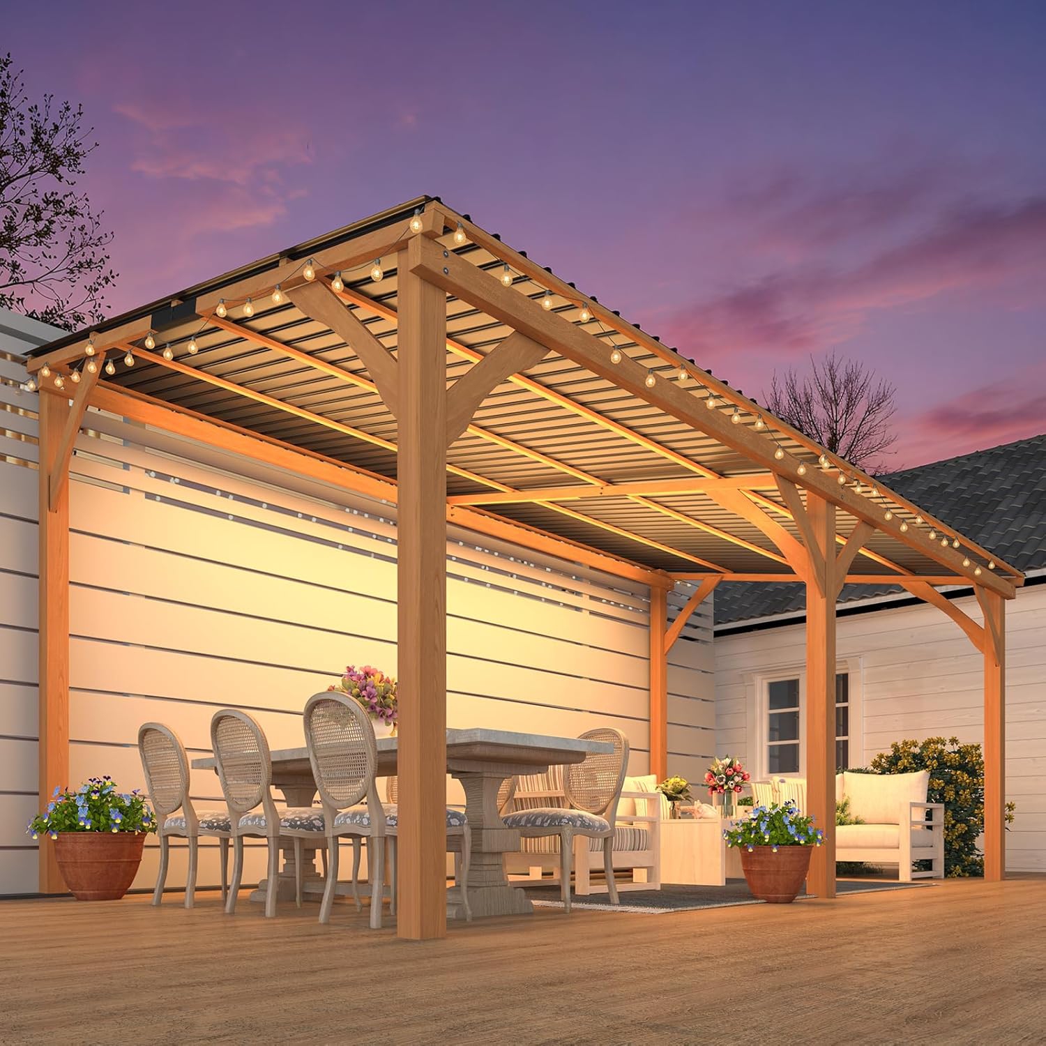 AECOJOY 16' x 10' Outdoor Wood Gazebo for Patio, Wall Mounted Wooden Lean to Hardtop Cedar Pergolas and Gazebos Clearance