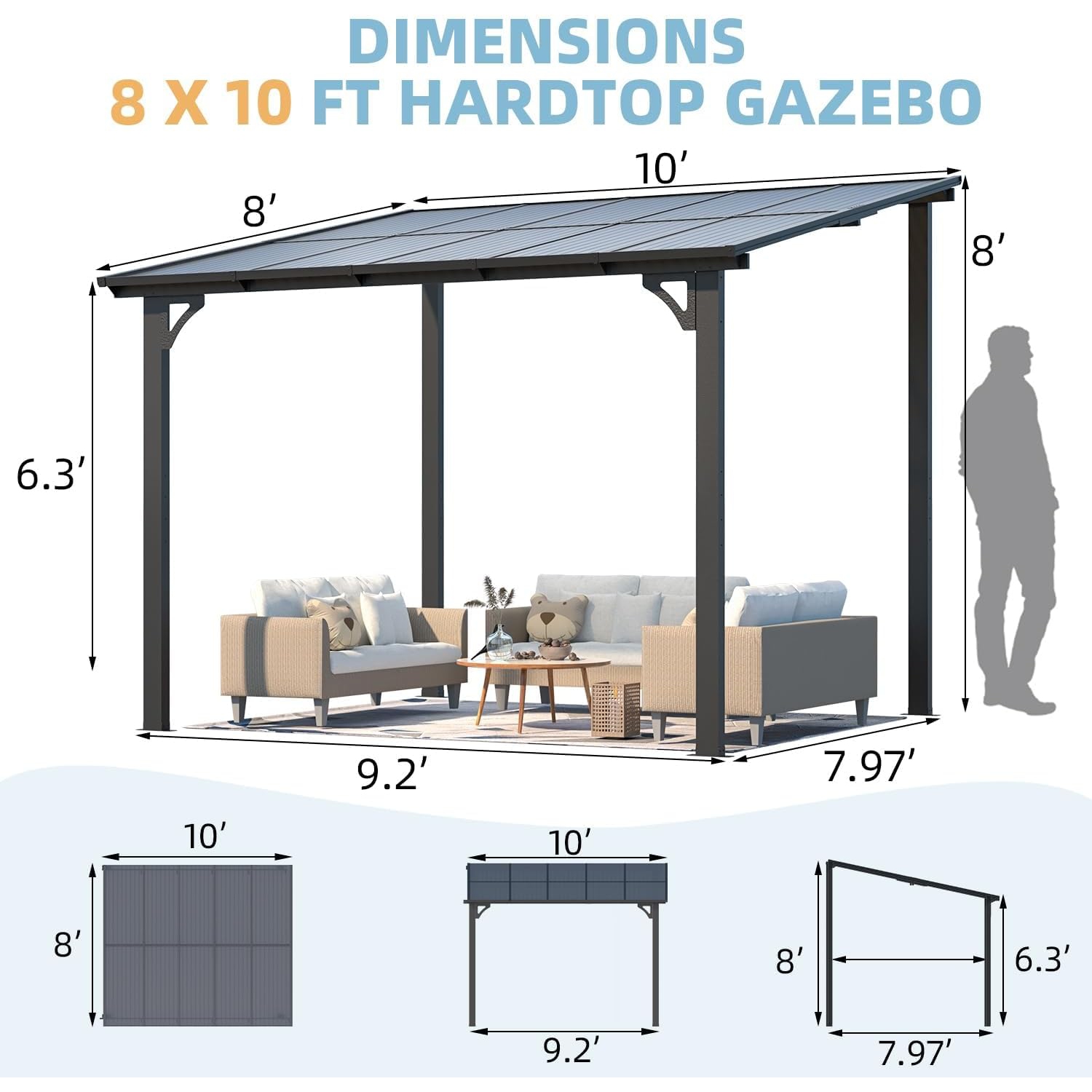 AECOJOY – Abri de jardin de 10 x 8 pi, pergola murale en liquidation, auvent pour abri de jardin extérieur pour terrasse, noir