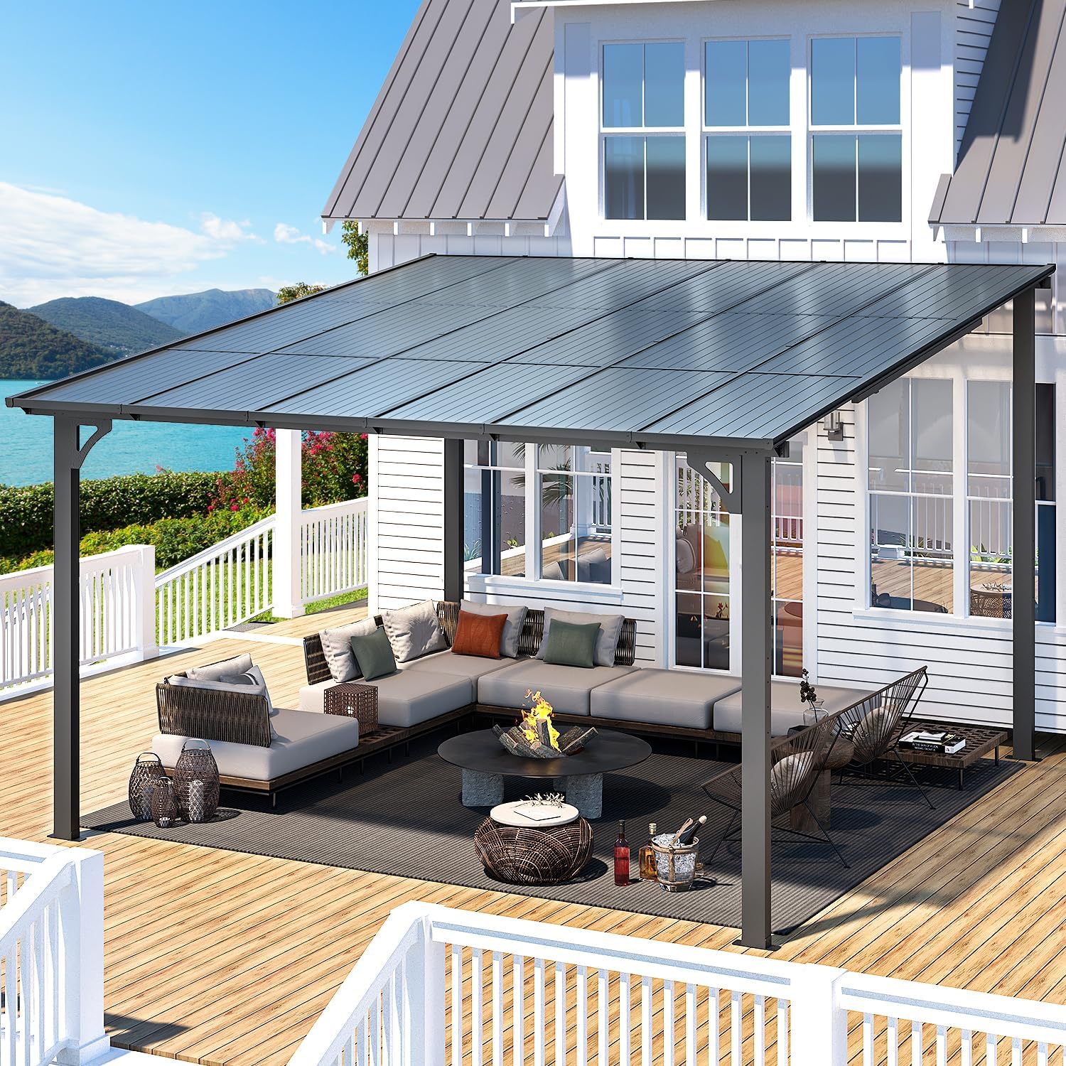 AECOJOY – Abri de jardin de 12 x 12 pi, pergola murale en liquidation, auvent pour abri de jardin extérieur pour terrasse, noir