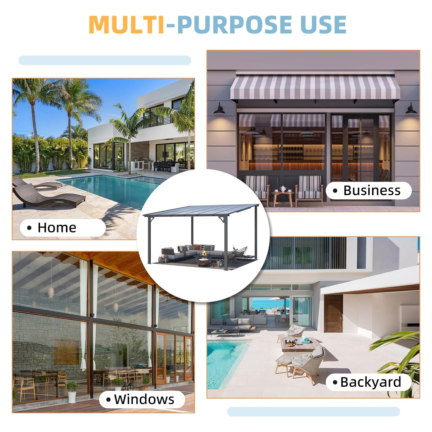 AECOJOY – Abri de jardin de 12 x 12 pi, pergola murale en liquidation, auvent pour abri de jardin extérieur pour terrasse, noir