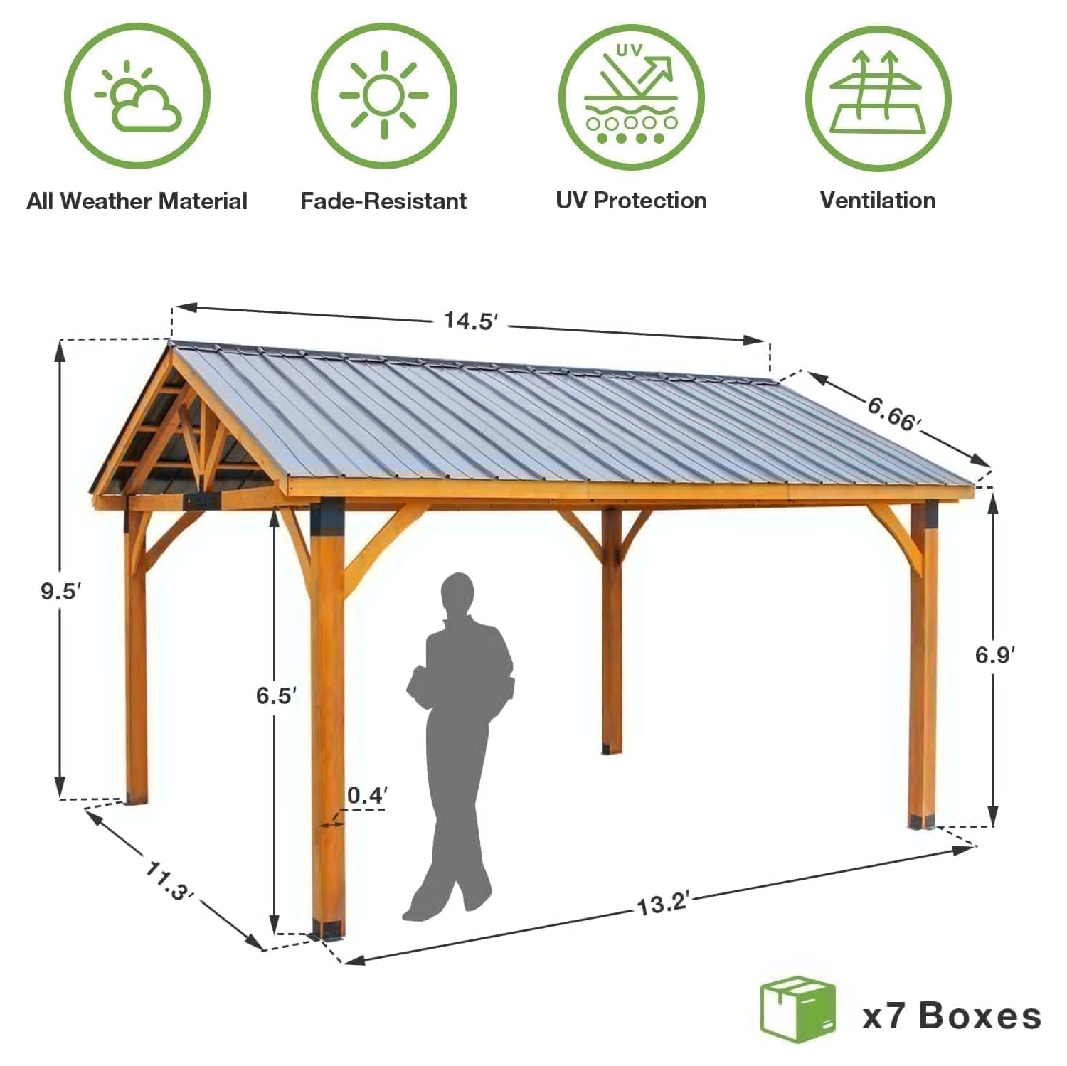 AECOJOY – Abri de jardin en bois de 14 x 12 pi en liquidation pour barbecue extérieur avec toit en pyramide en polycarbonate à isolation thermique