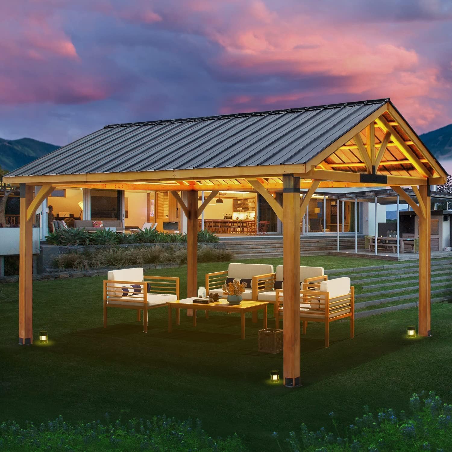 AECOJOY – Abri de jardin en bois de 14 x 12 pi en liquidation pour barbecue extérieur avec toit en pyramide en polycarbonate à isolation thermique