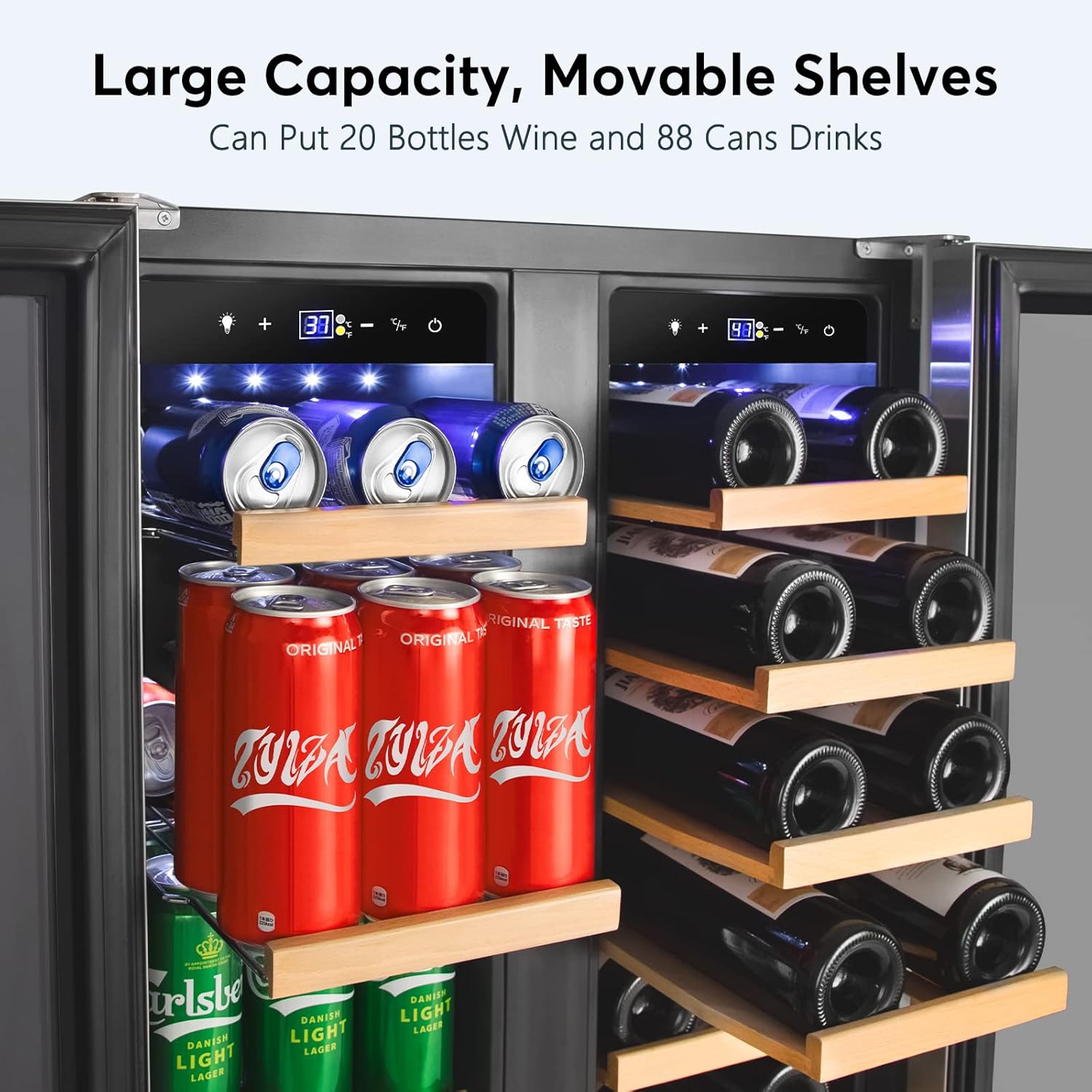 Upgraded Wine and Beverage fridge 24 Inch, Dual Zone Wine Beverage Cooler with French Door, Under Counter Wine Beer Fridge Built-In or Freestanding,