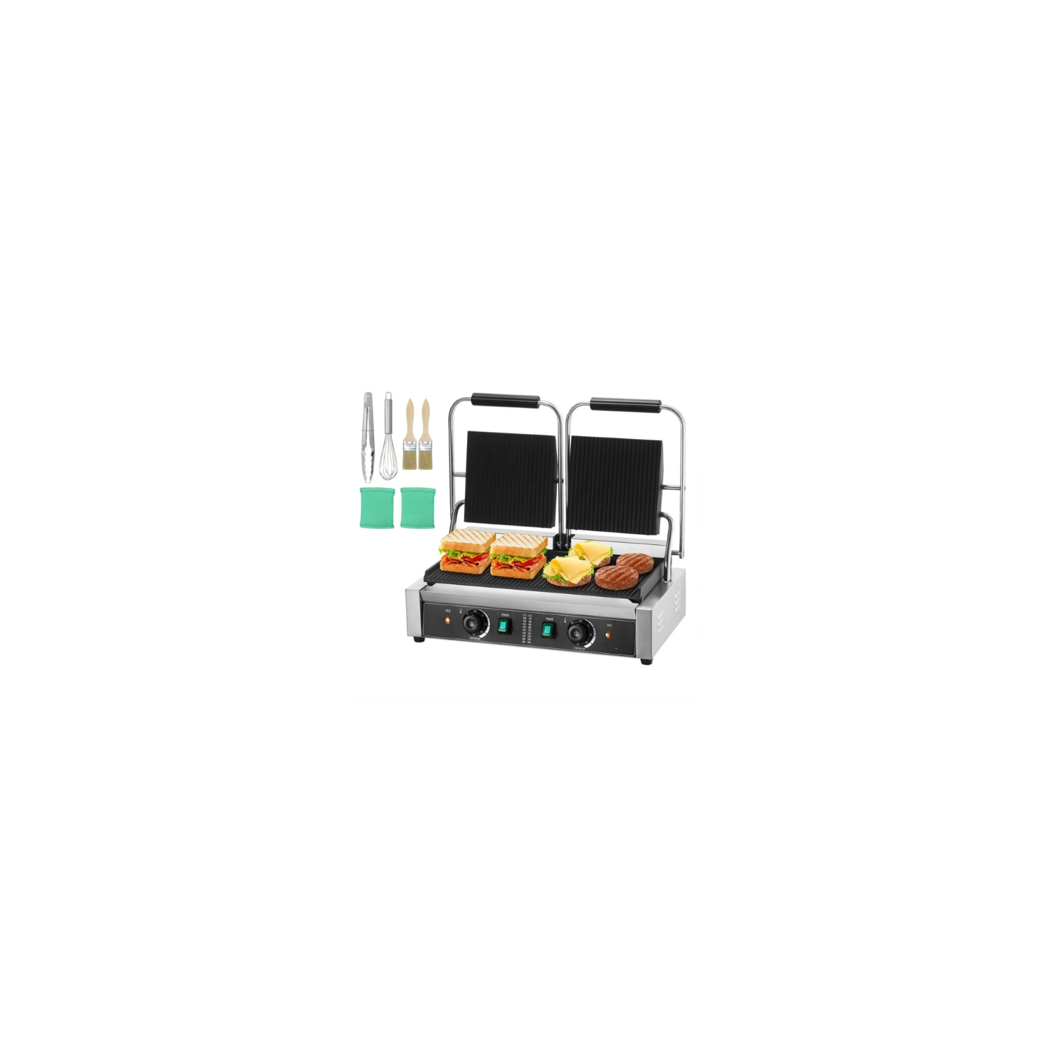 VEVOR HT-813 Commercial Panini Press Grill, 19"x9" Electric Sandwich Maker, Dual Heating Griddle Plate, Adjustable Temperature Control, Stainless
