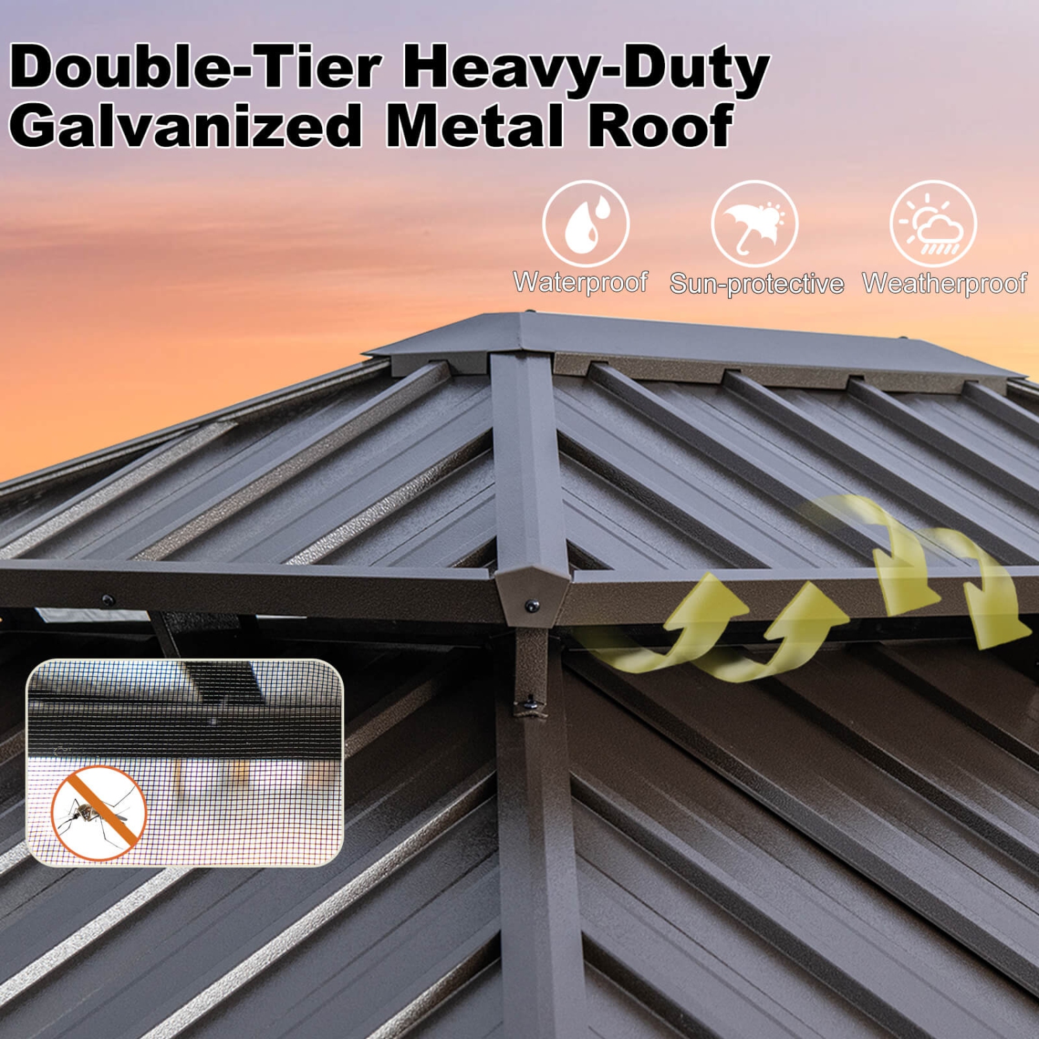 Abri de jardin à toit rigide de 12 pi et 12 x 10/12 de Costway avec filet, toit en métal galvanisé robuste à double toit