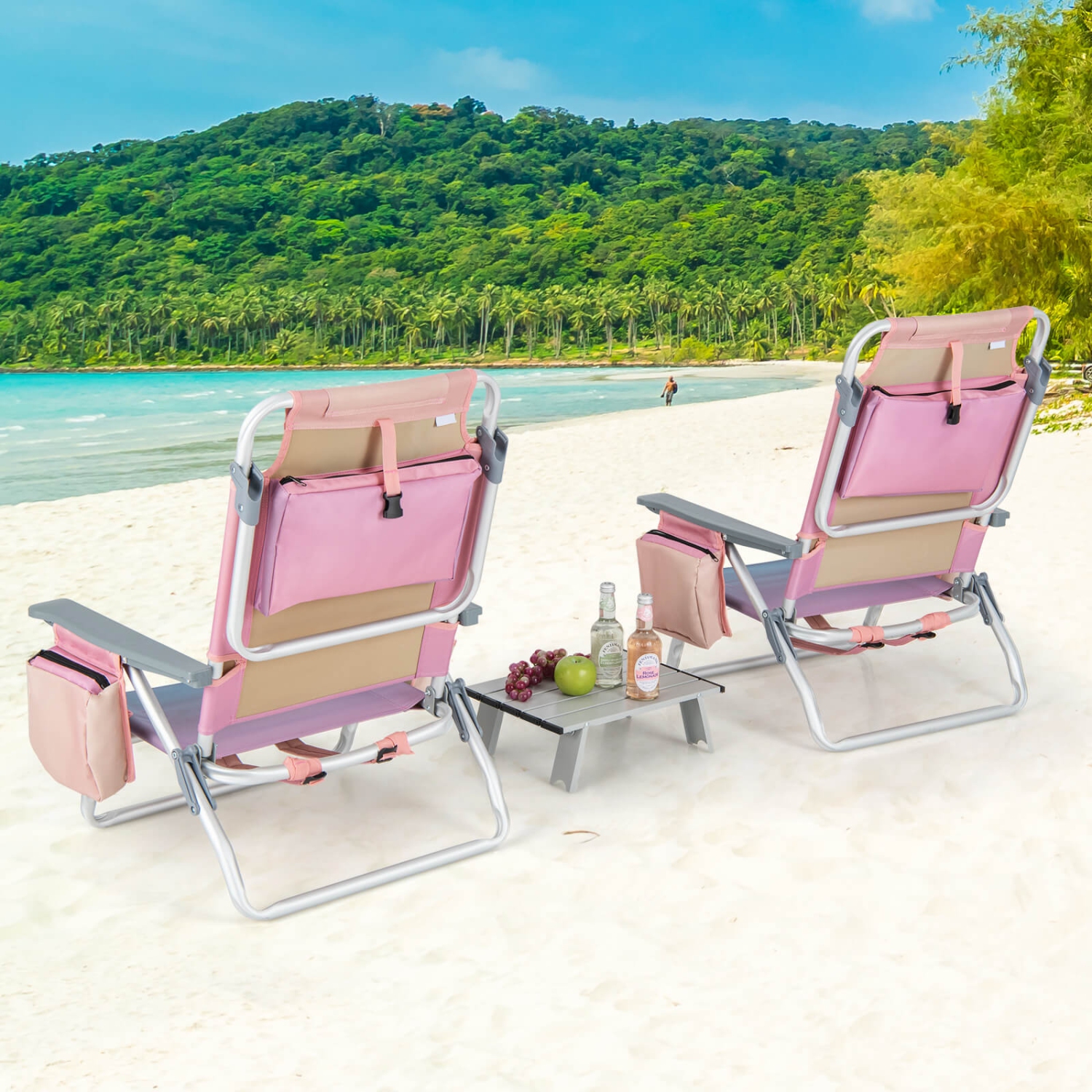 Ensemble de 2 chaises de plage pliantes/sac à dos avec table de plage et inclinaison extérieure à 5 positions de Costway