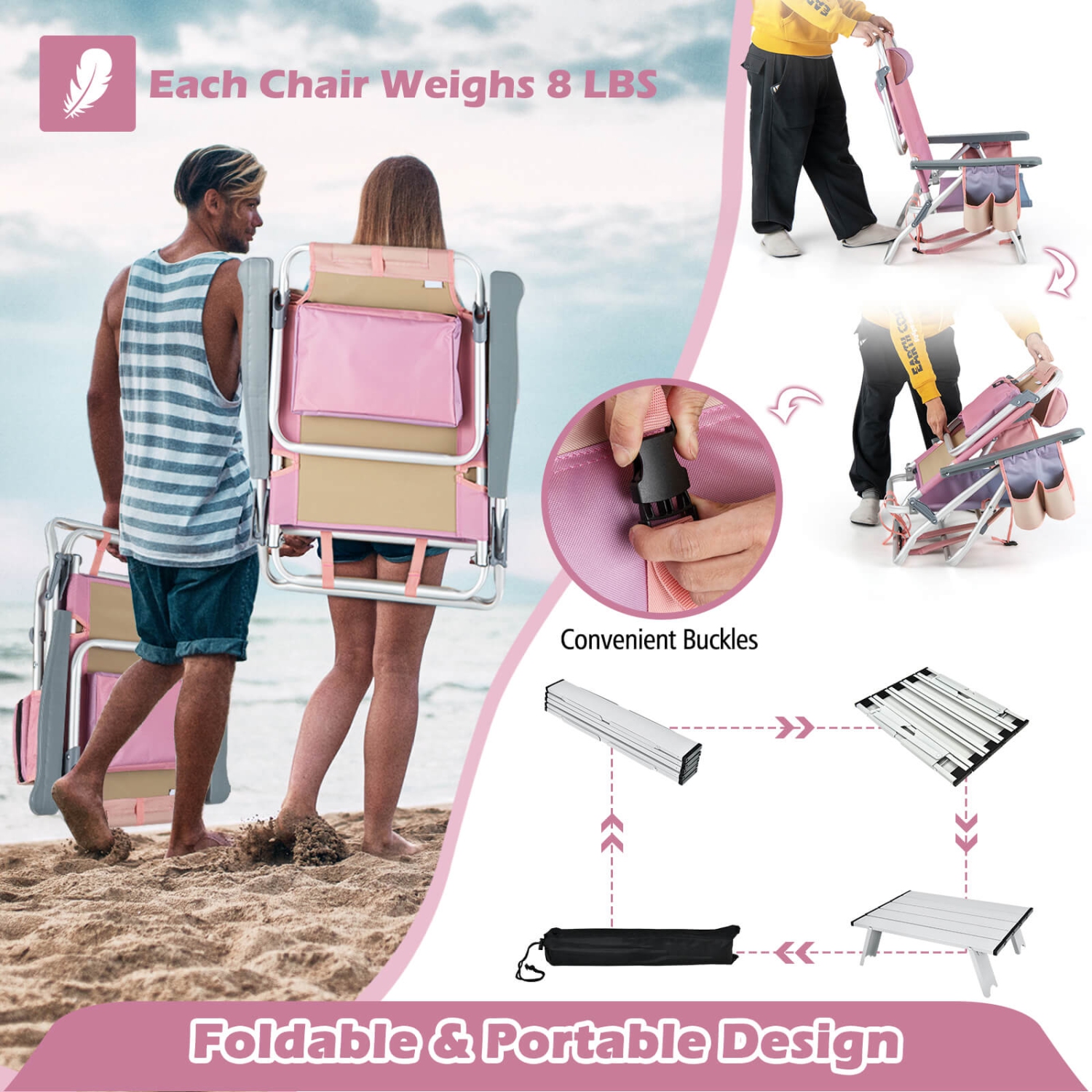 Ensemble de 2 chaises de plage pliantes/sac à dos avec table de plage et inclinaison extérieure à 5 positions de Costway