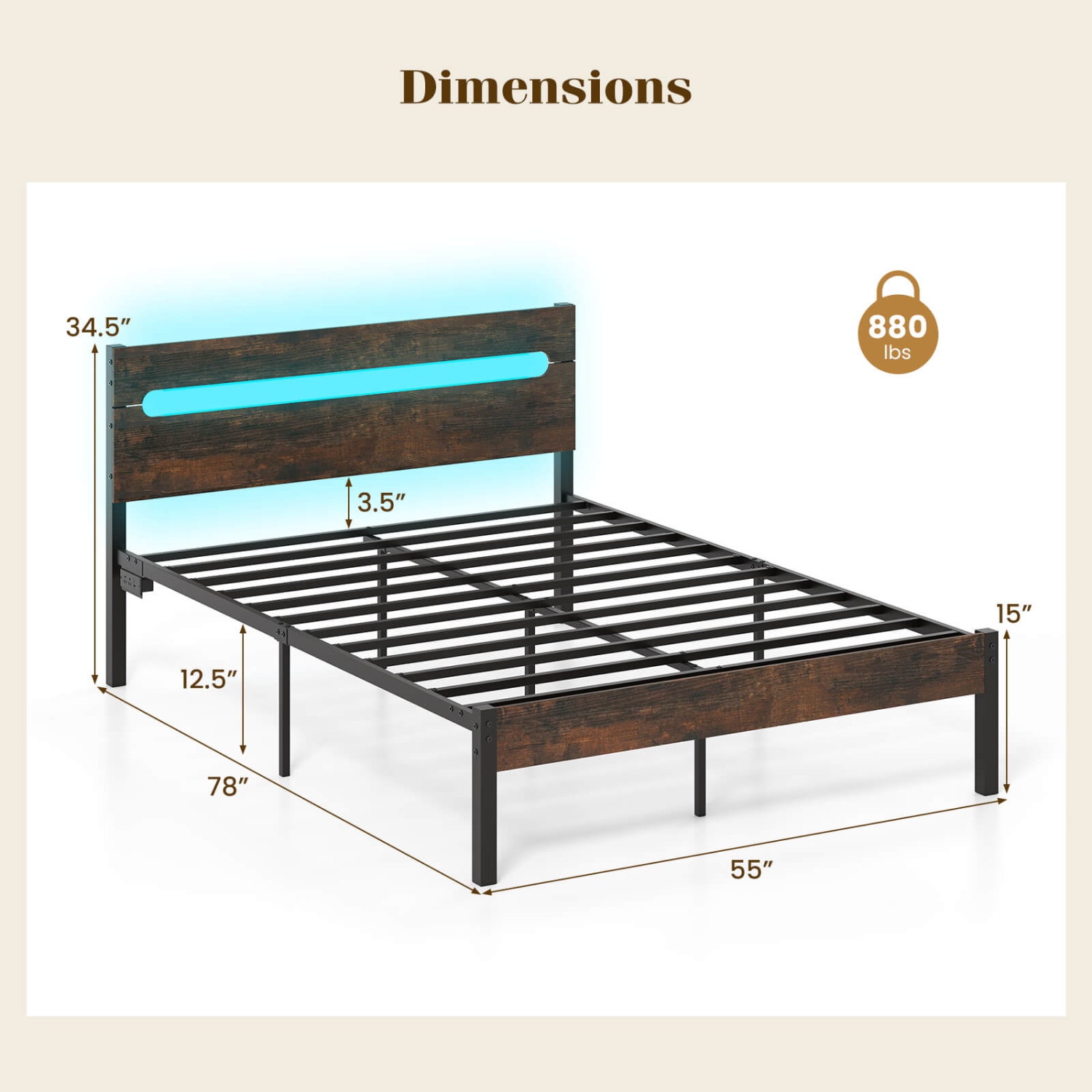 Costway Full Size Bed Frame with Built-in Charging Station Sturdy Mattress Foundation Rustic Brown + Black/Walnut + Black