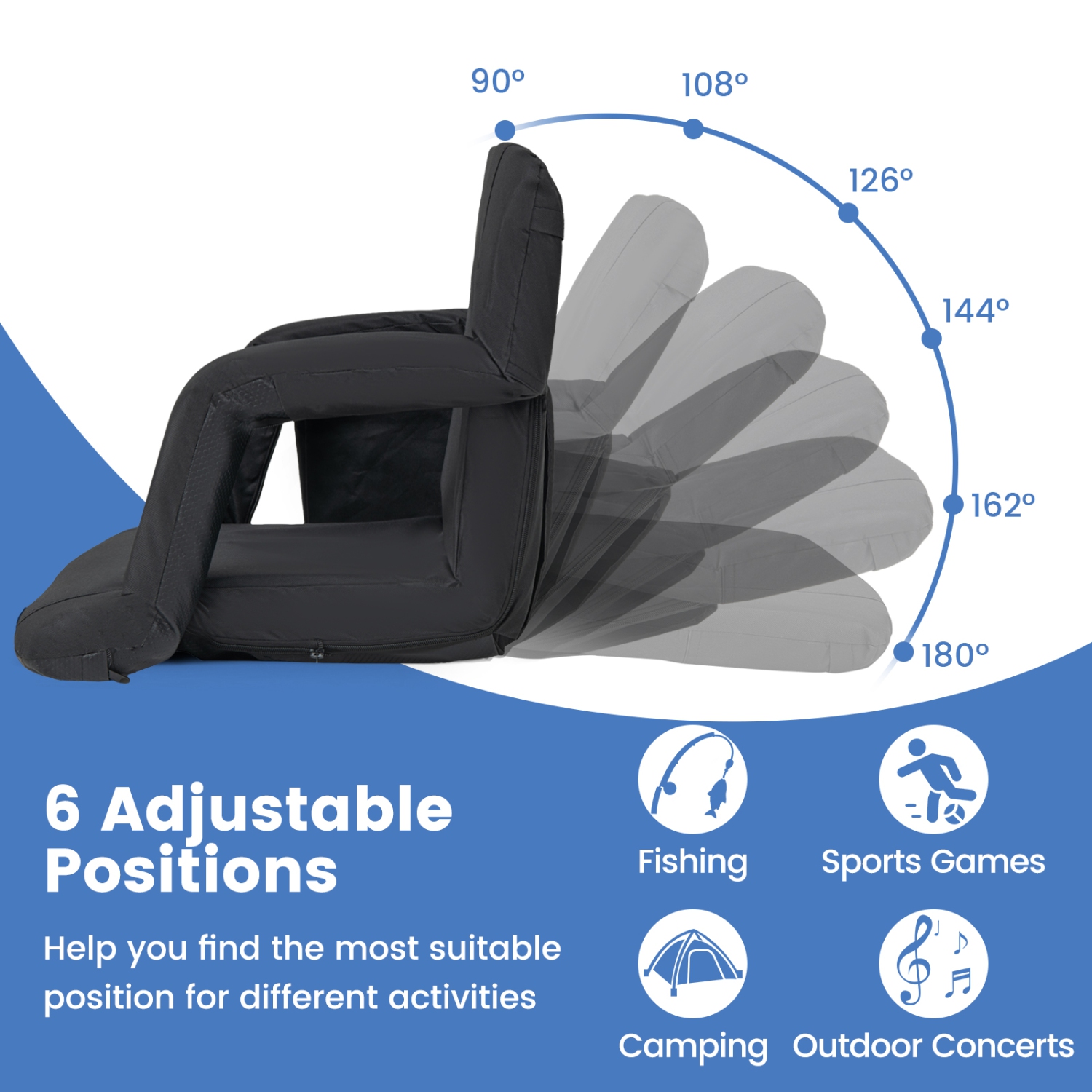 Siège de stade 1 PCS de Costway pour chaise Bleachers avec soutien dorsal à 6 positions réglables, noir