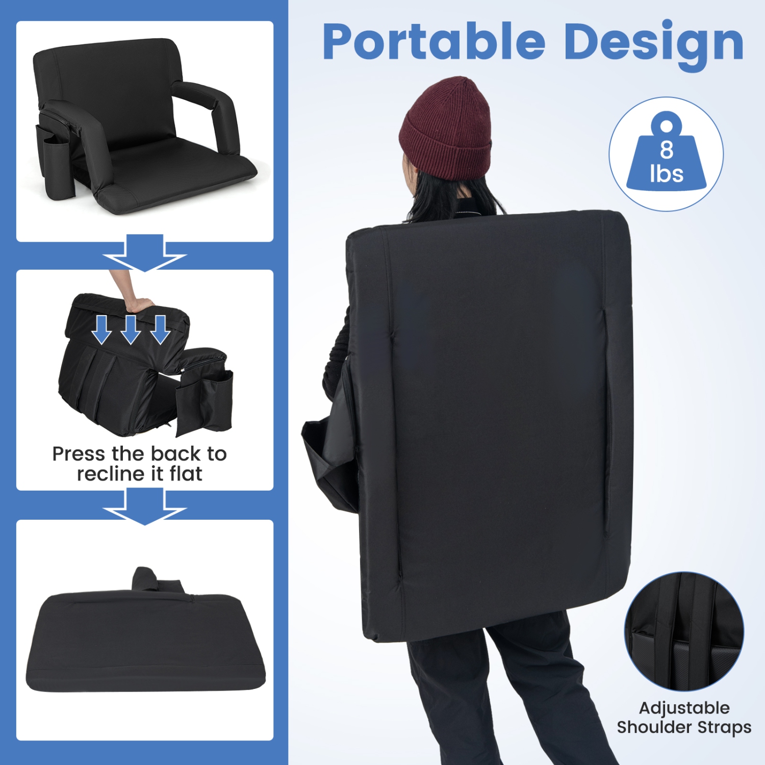 Siège de stade 1 PCS de Costway pour chaise Bleachers avec soutien dorsal à 6 positions réglables, noir