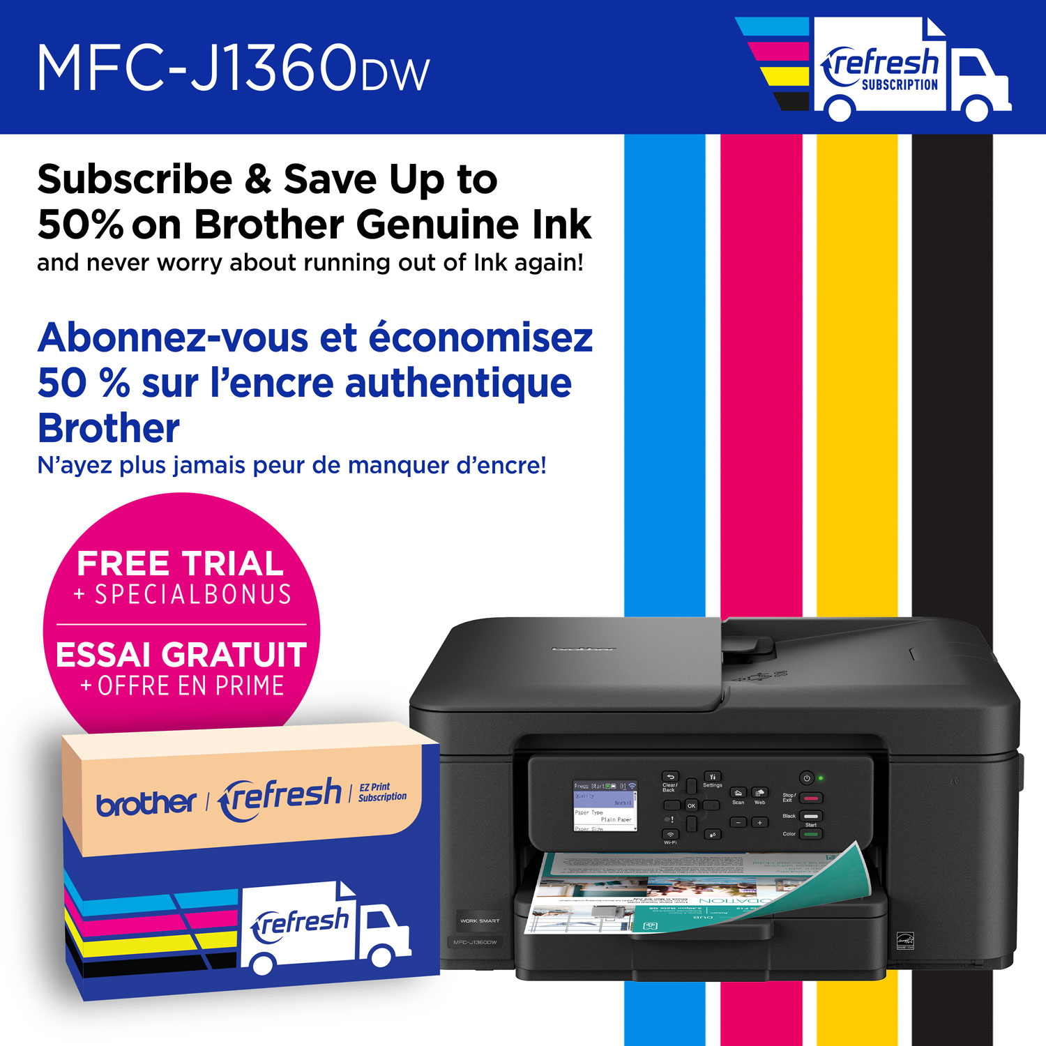 Imprimante à jet d'encre tout-en-un couleur sans fil MFC-J1360DW de Brother