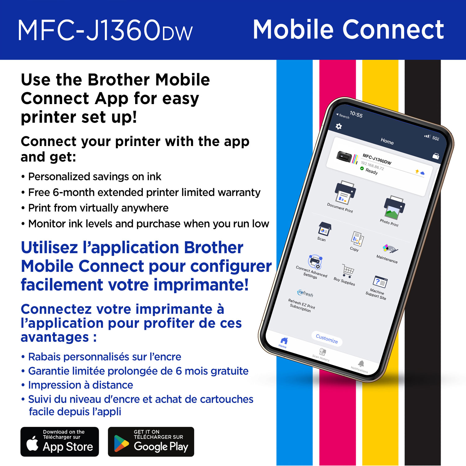 Imprimante à jet d'encre tout-en-un couleur sans fil MFC-J1360DW de Brother