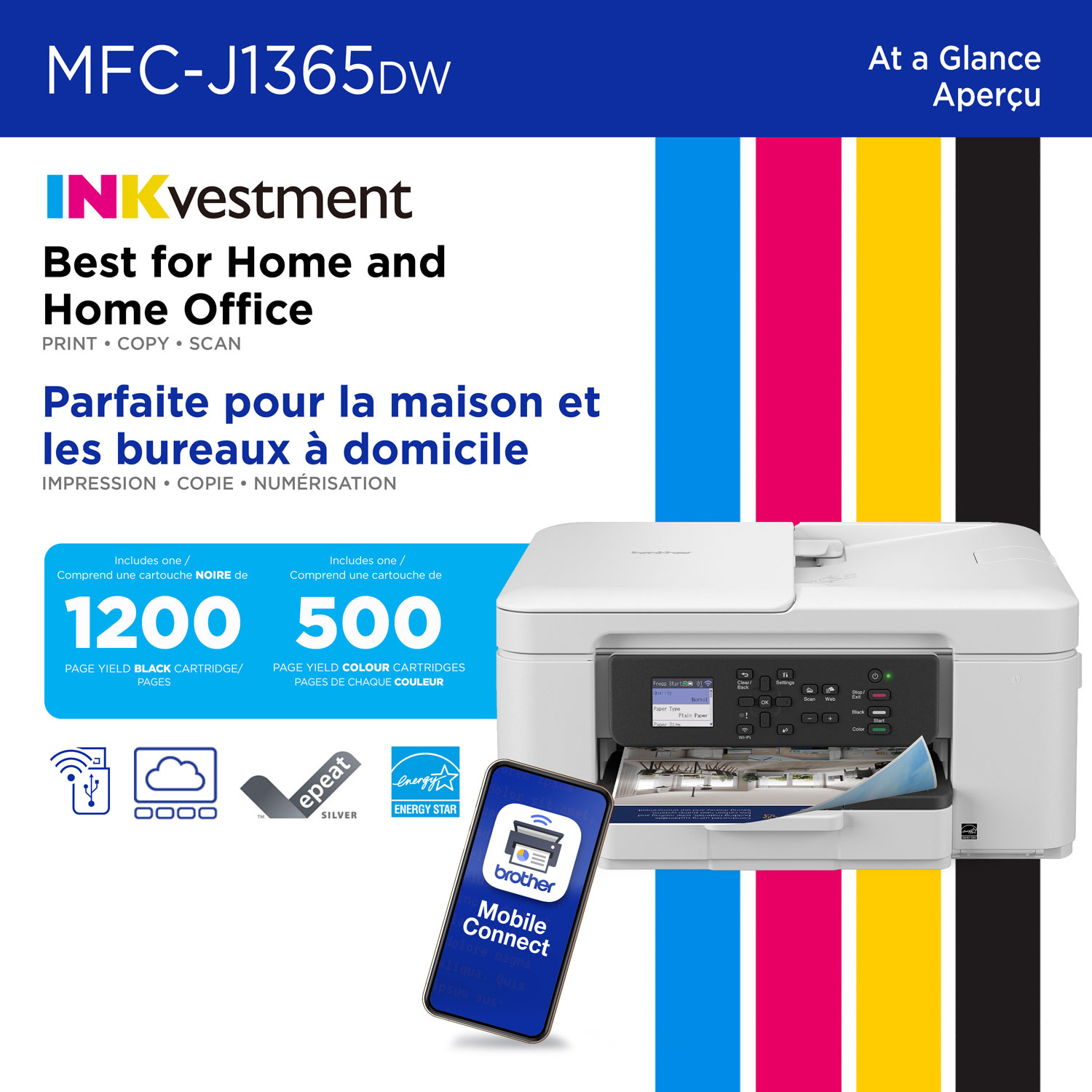 Imprimante à jet d'encre couleur tout-en-un sans fil MFC-J1365DW de Brother avec réservoir INKvestment - Blanc