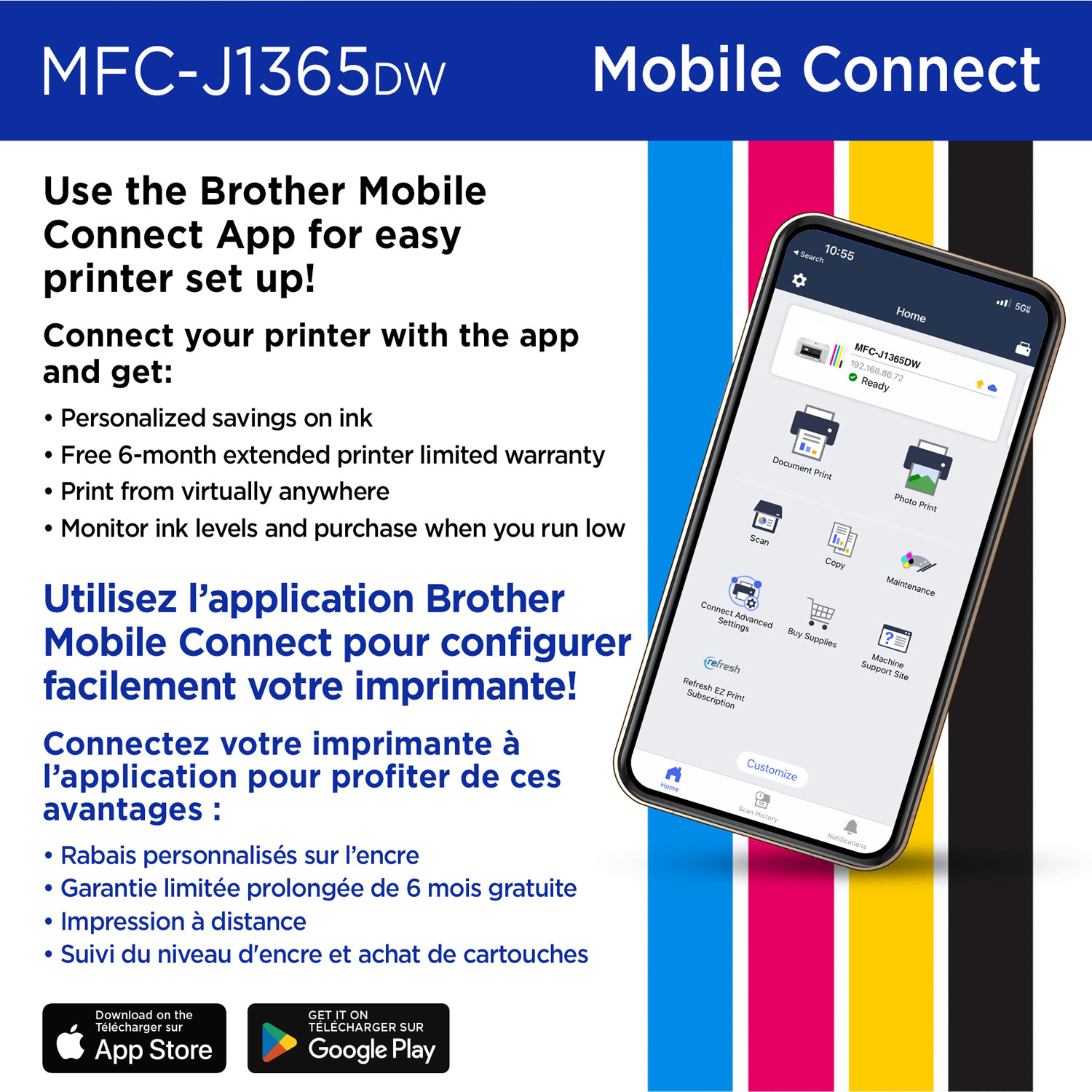 Imprimante à jet d'encre couleur tout-en-un sans fil MFC-J1365DW de Brother avec réservoir INKvestment - Blanc