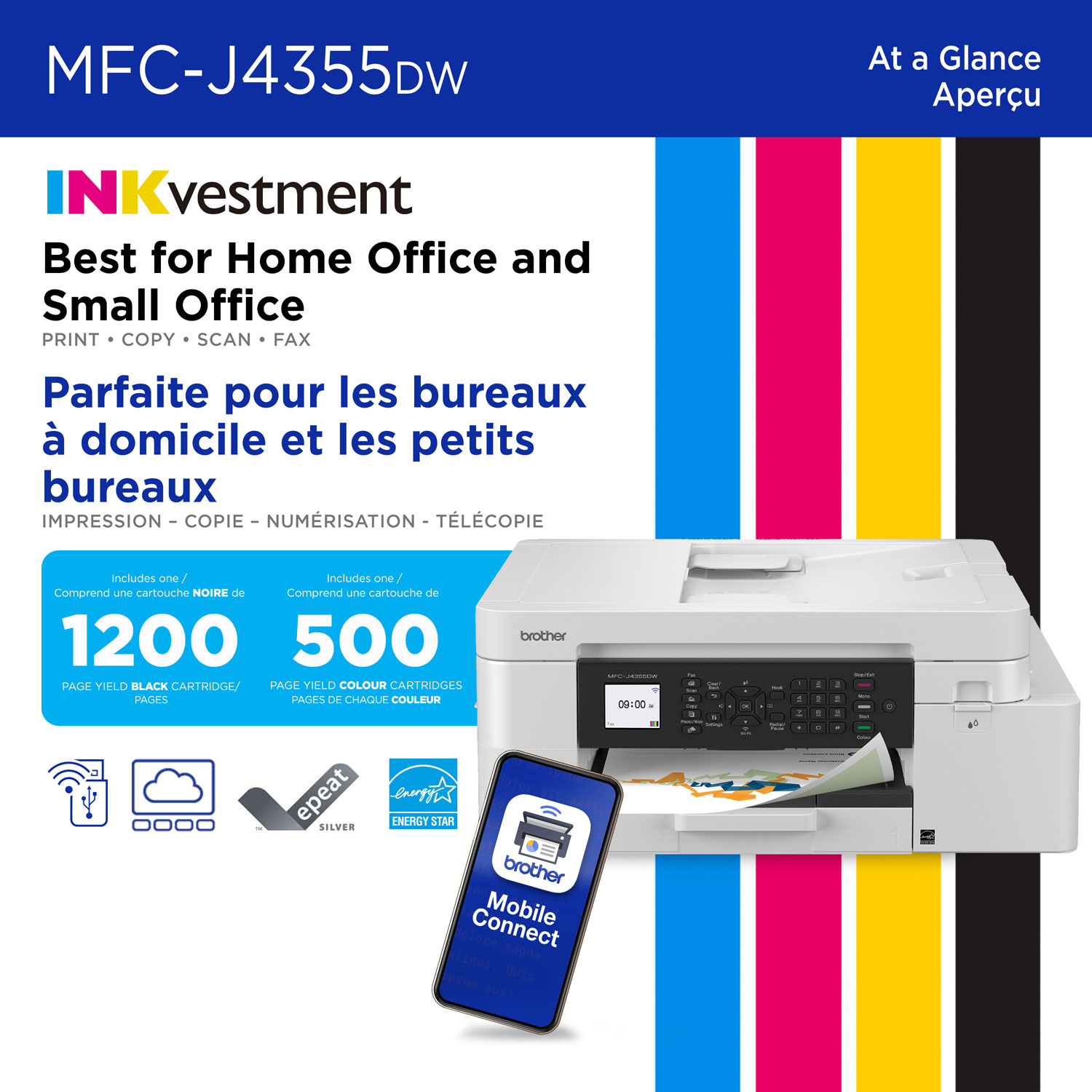 Imprimante à jet d'encre couleur tout-en-un sans fil MFC-J4355DW de Brother avec réservoir INKvestment - Blanc
