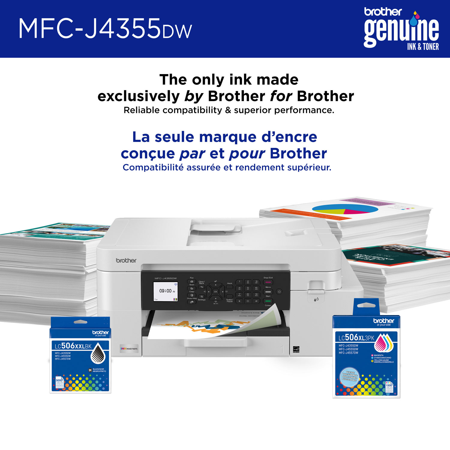 Imprimante à jet d'encre couleur tout-en-un sans fil MFC-J4355DW de Brother avec réservoir INKvestment - Blanc