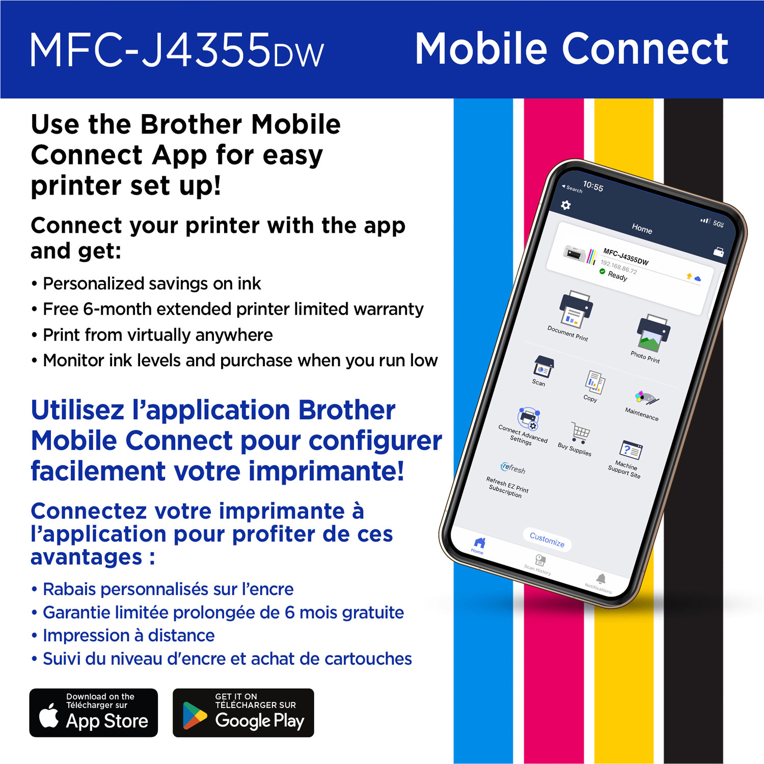 Imprimante à jet d'encre couleur tout-en-un sans fil MFC-J4355DW de Brother avec réservoir INKvestment - Blanc