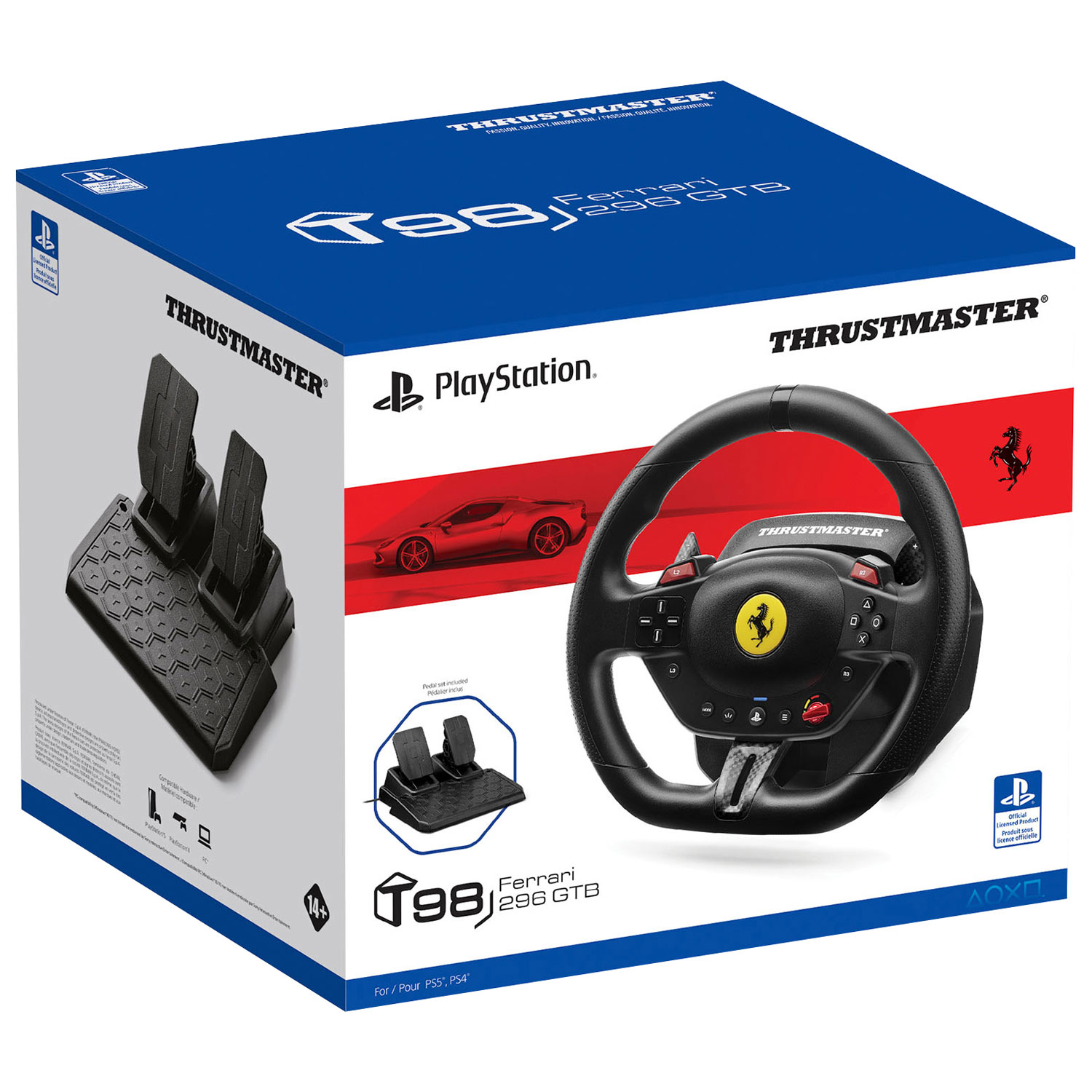 Volant de course et pédalier magnétique T98 Ferrari 296 GTB de Thrustmaster pour PS5/PS4/PC