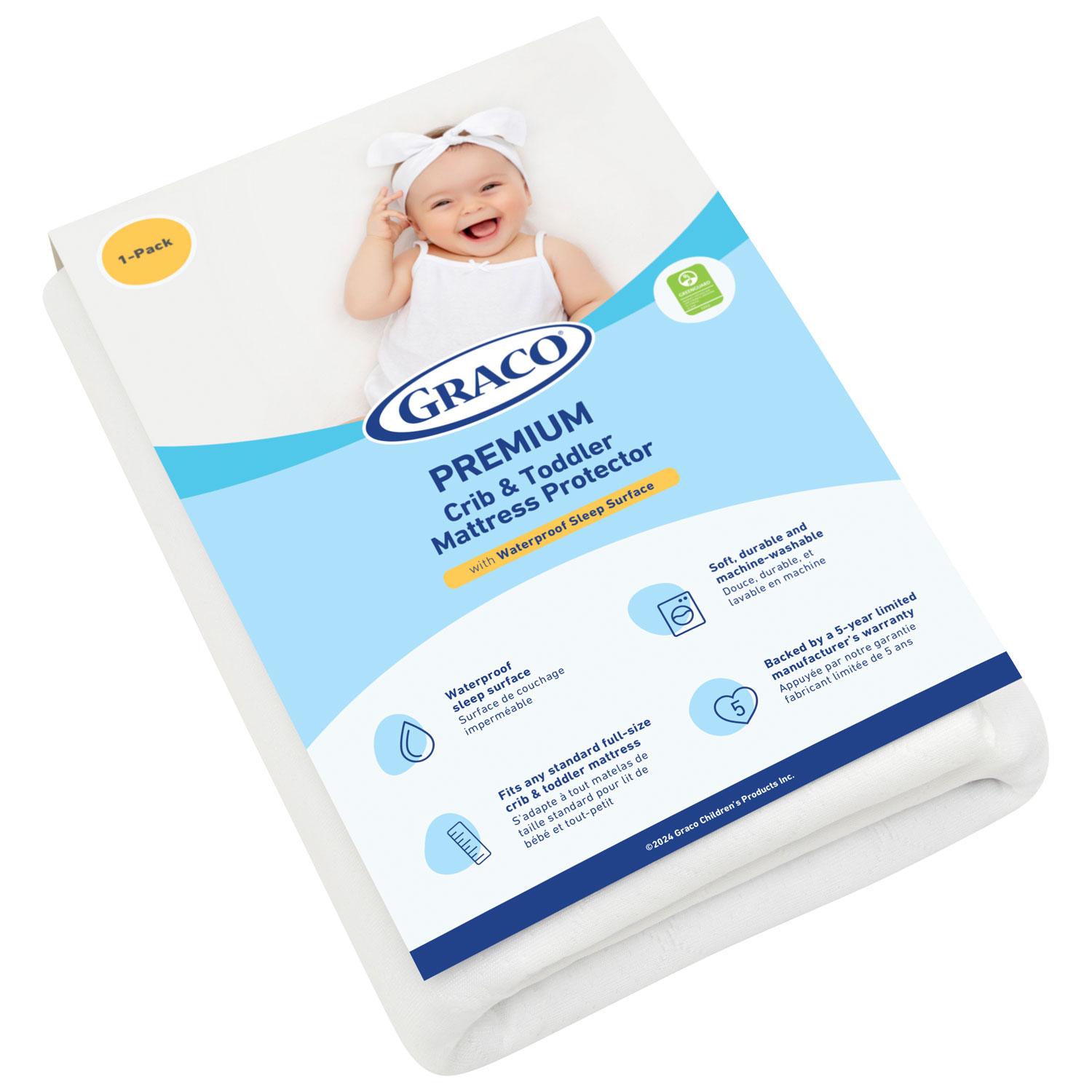 Protège-matelas étanche pour lit de bébé et d'enfant Premium de Graco - Paquet de 1 - Blanc