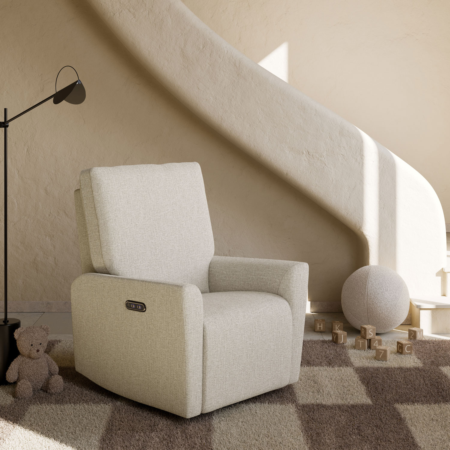 Fauteuil coulissant pivotant inclinable électrique de luxe Santorini pour chambre d'enfant de Storkcraft avec port de chargement USB - Natté dune
