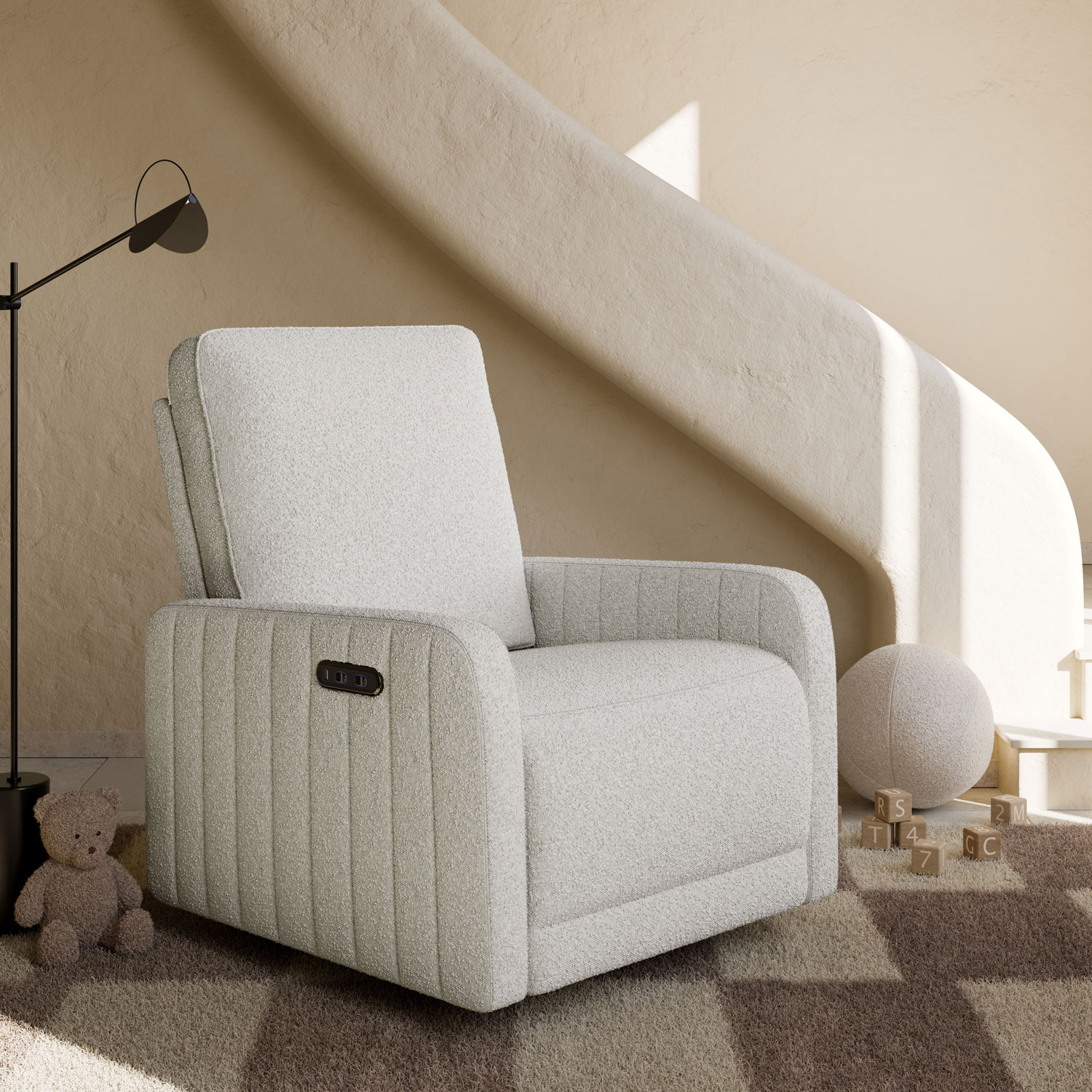 Storkcraft Kyoto Deluxe Extra-Wide Nursery Power Recliner Swivel Glider with USB Charging Port - Ivory Boucle