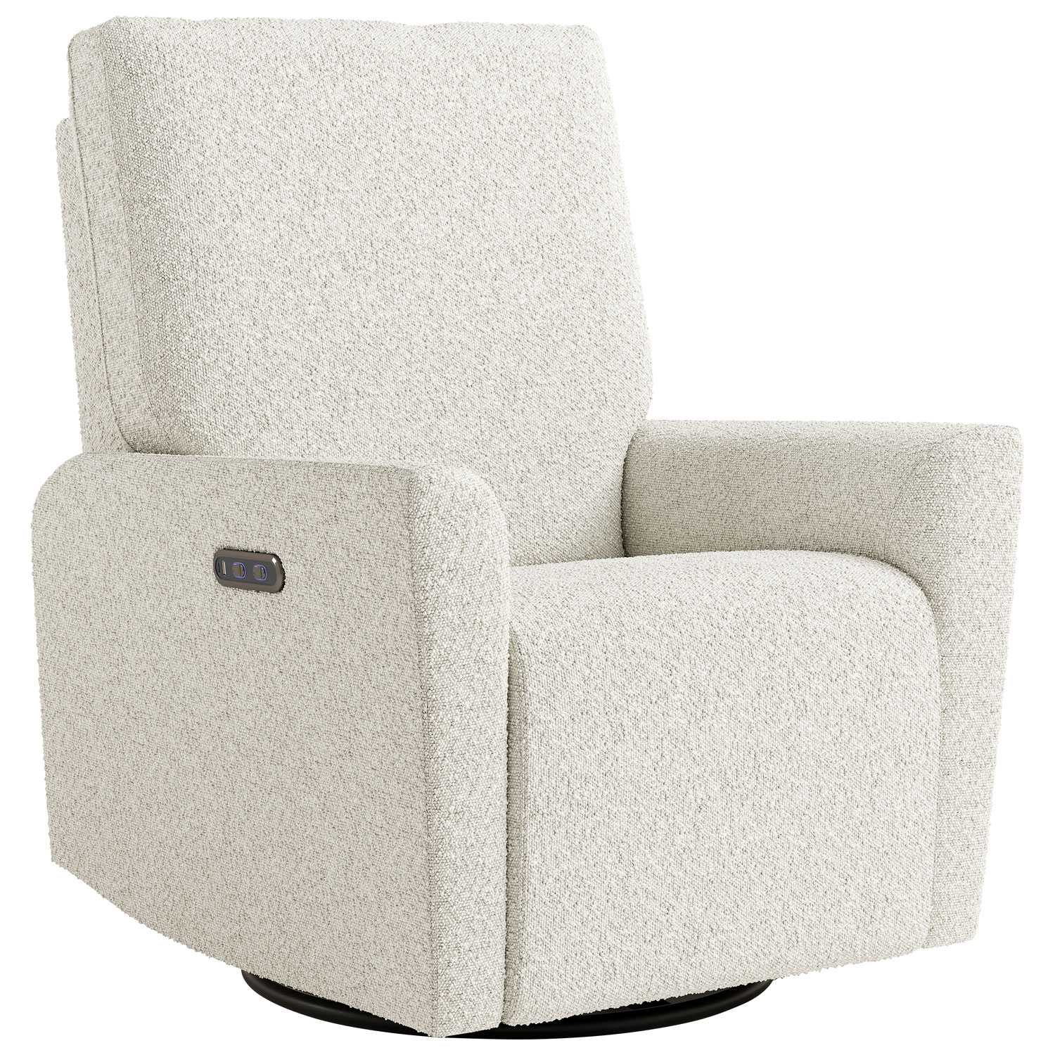 Fauteuil coulissant pivotant inclinable électrique de luxe Santorini pour chambre d'enfant de Storkcraft avec port de chargement USB - Bouclé ivoire