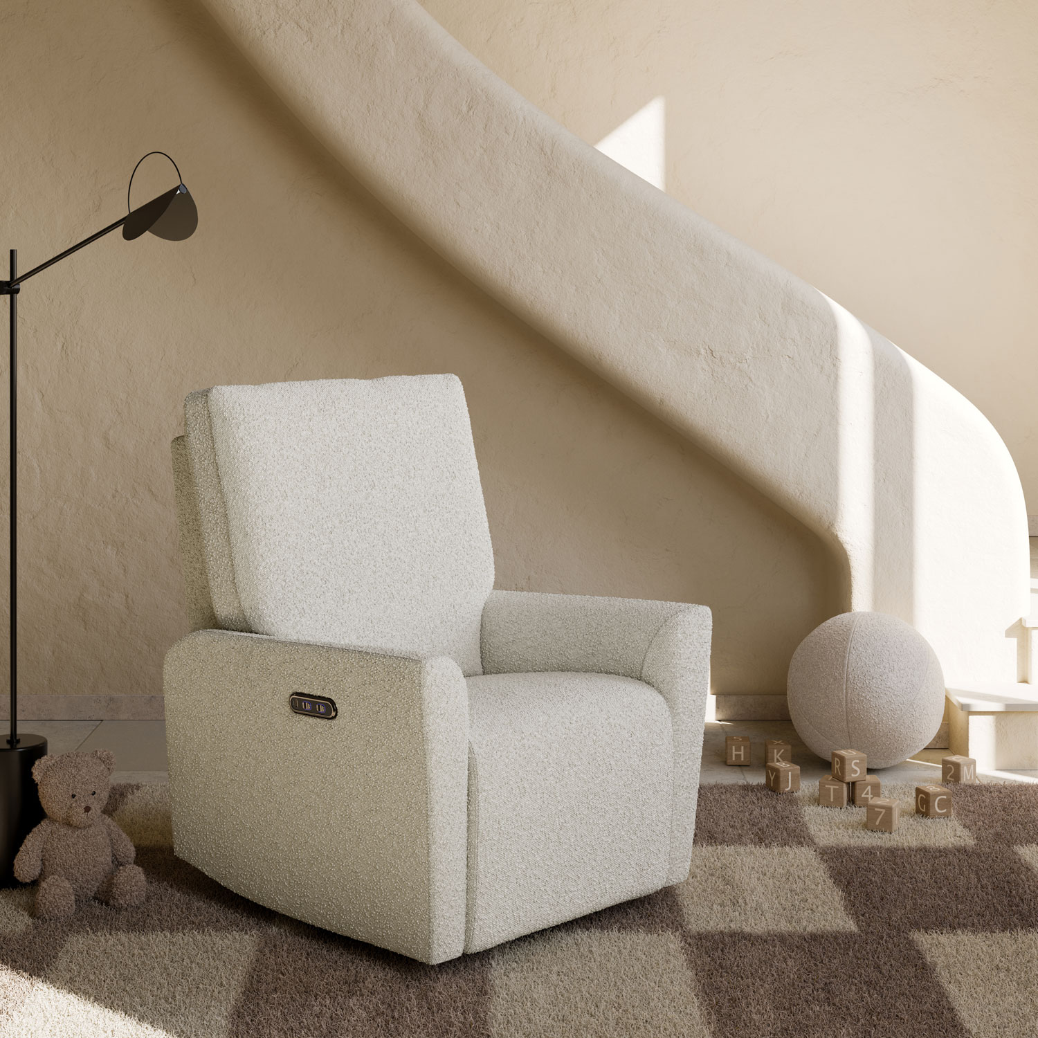 Fauteuil coulissant pivotant inclinable électrique de luxe Santorini pour chambre d'enfant de Storkcraft avec port de chargement USB - Bouclé ivoire