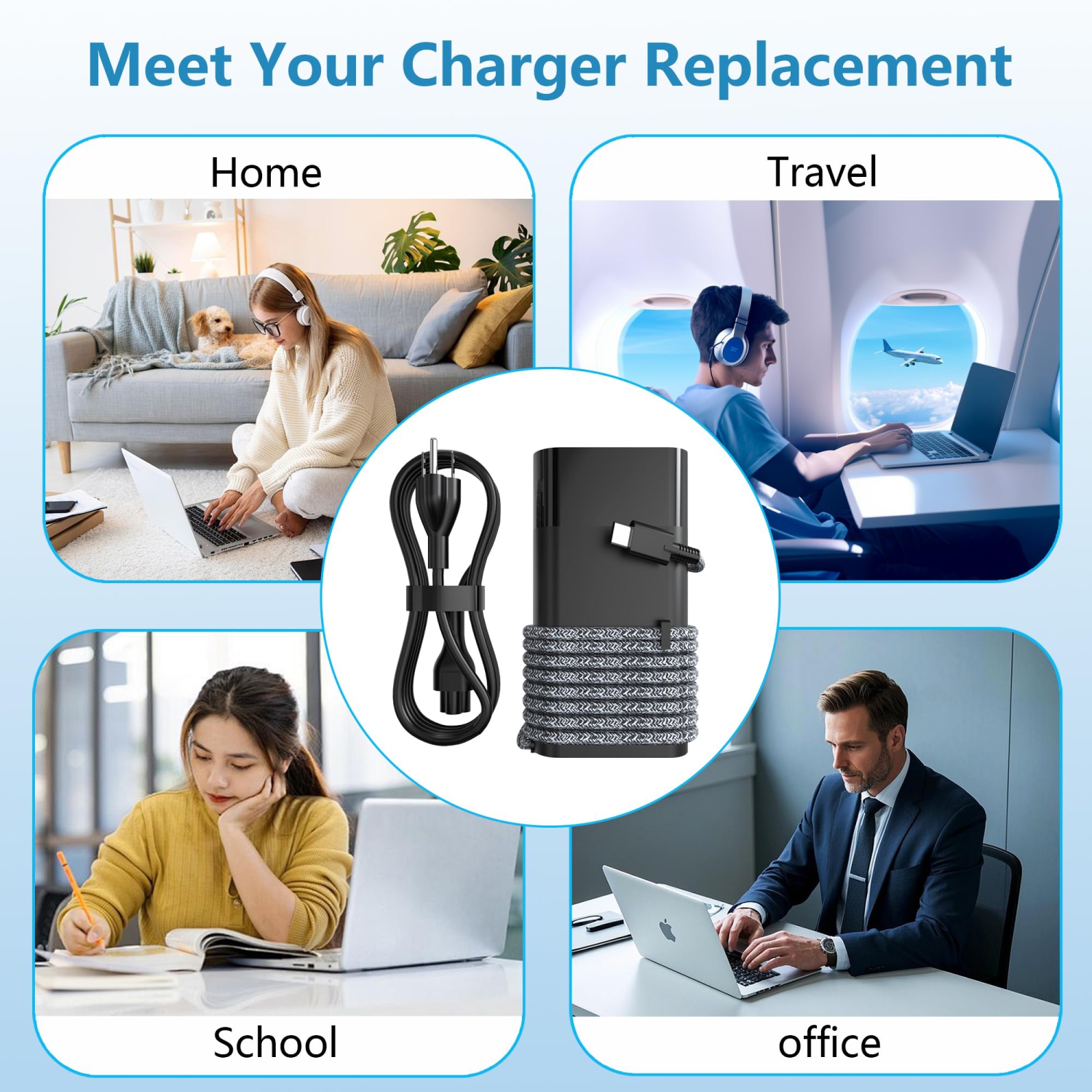 65W USB C Laptop Charger Braided Nylon Cord fit for HP Spectre X360, EliteBook, Envy, Elite X2, Zbook, Pavilion x360,ProBook, Chromebook, Travel Type