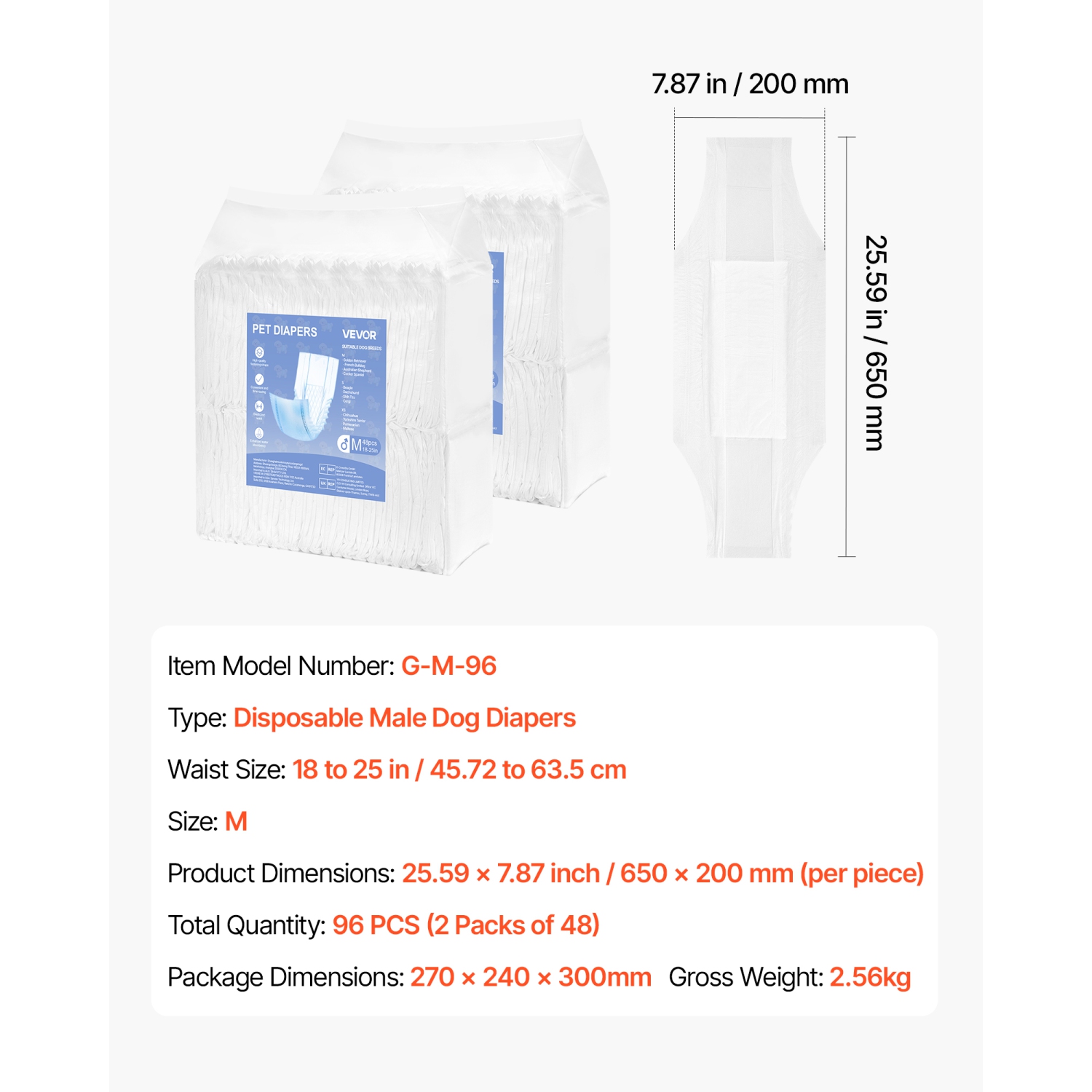 VEVOR 96 Count Disposable Male Dog Diapers, Super Absorbent Male Dog Wraps, 360 ° Leak-Proof Belly Bands with Wetness Indicator for Doggies in Heat,