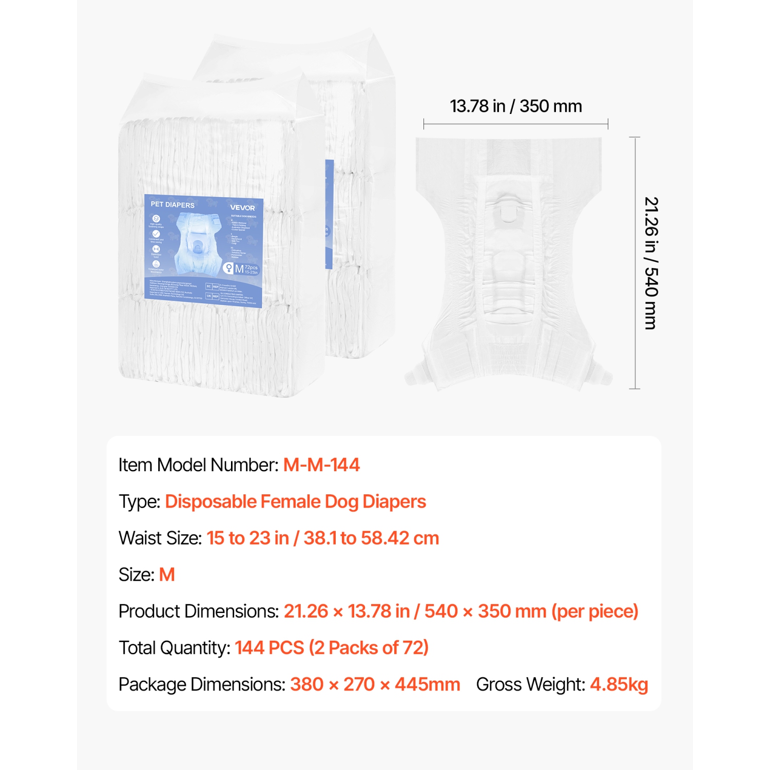 VEVOR 144 Count Disposable Dog Diapers,Super Absorbent Female Dog Diapers,360° Leak-Proof Female Doggy Pet Diaper with Wetness Indicator for Heat