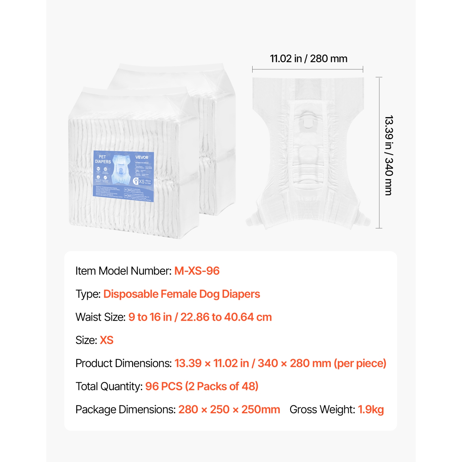 VEVOR 96 Count Disposable Dog Diapers, Super Absorbent Female Dog Diapers, 360° Leak-Proof Female Doggy Pet Diaper with Wetness Indicator for Heat