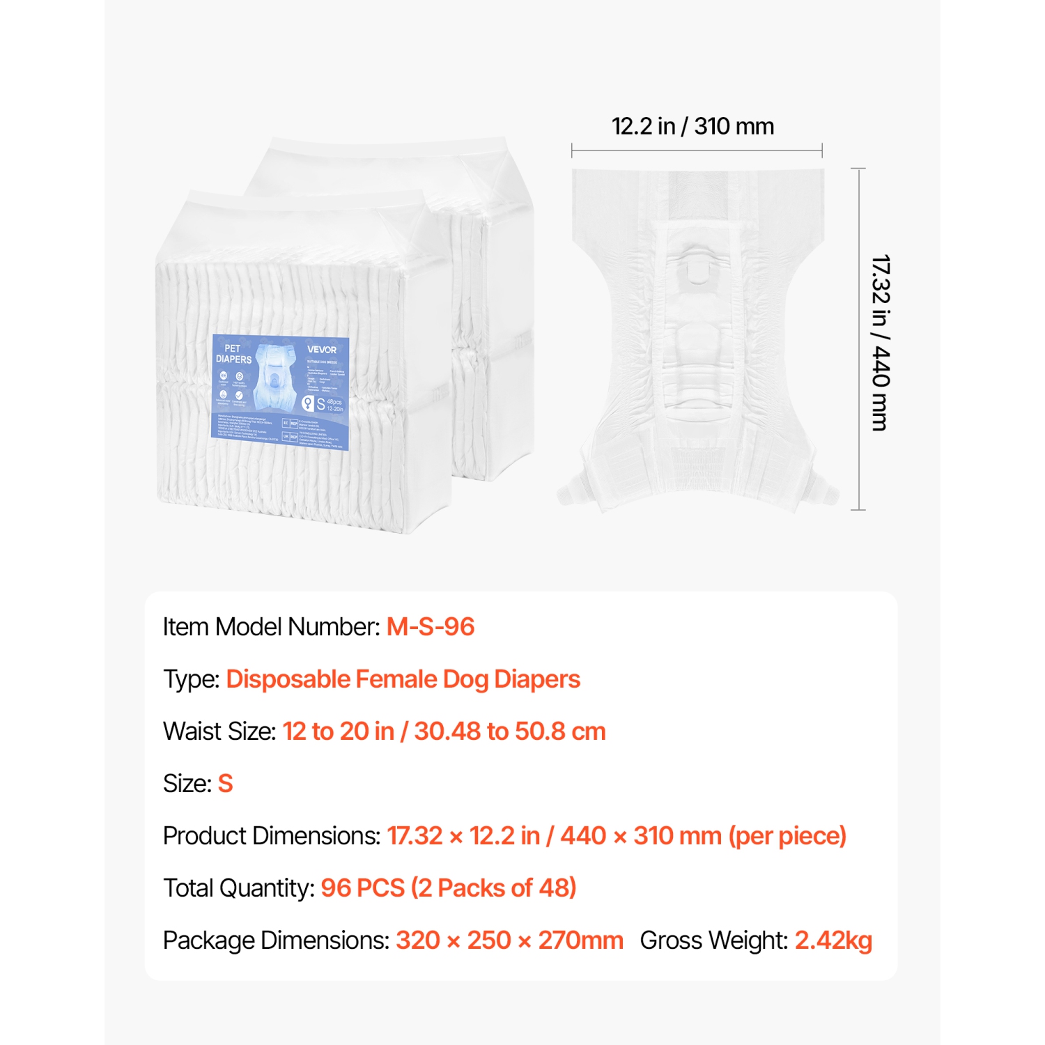 VEVOR 96 Count Disposable Dog Diapers,Super Absorbent Female Dog Diapers,360° Leak-Proof Female Doggy Pet Diaper with Wetness Indicator for Heat