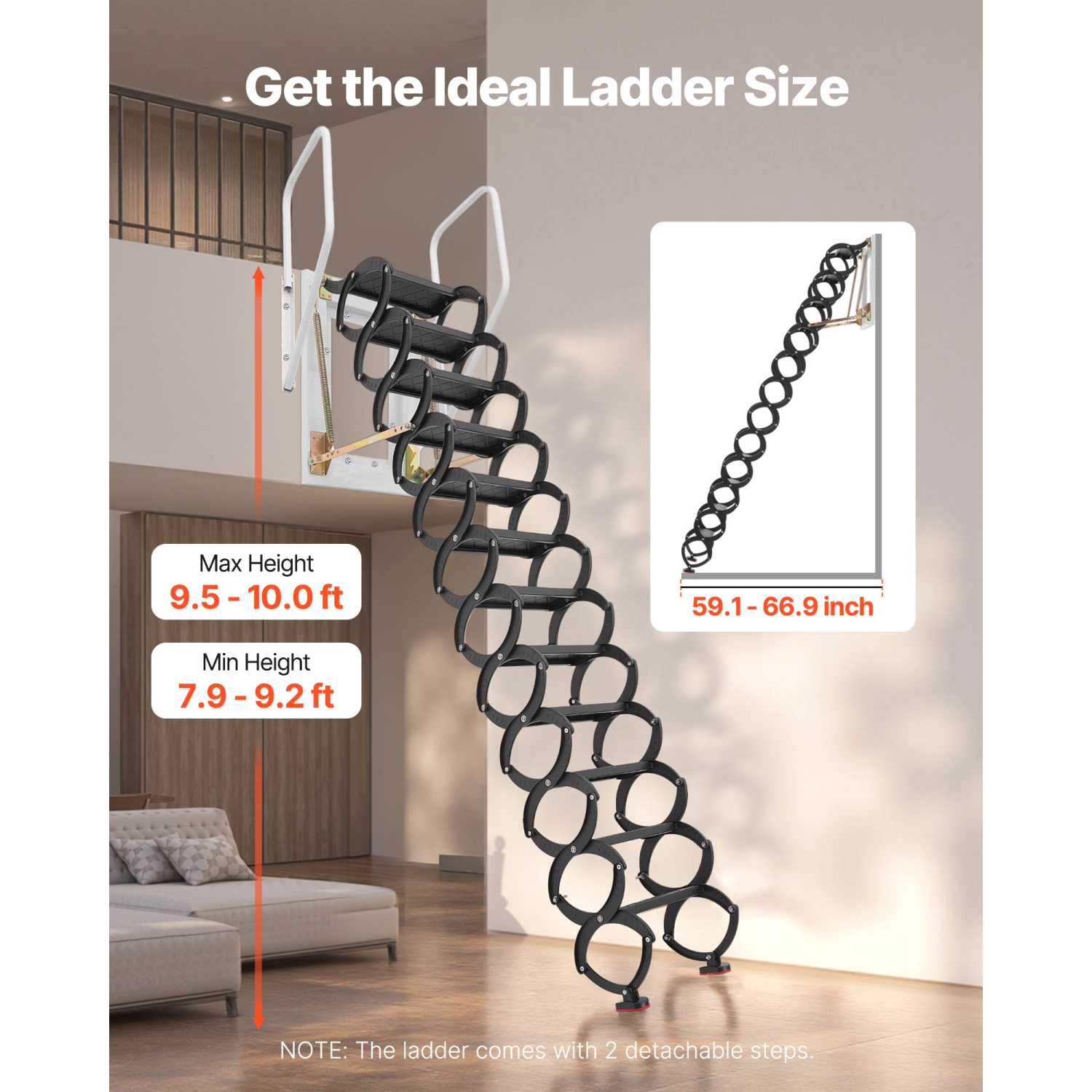 VEVOR 660LBS/299.4KG Capacity Attic Ladder Wall-Mounted, Fits 9.5 to 10 ft Ceiling Height, 12-Step Steel Folding Stairs with Handrails, Pull Down