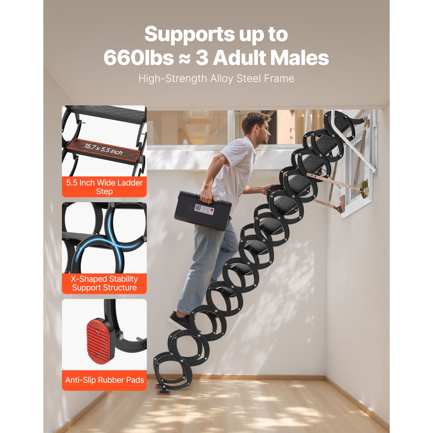 VEVOR 660LBS/299.4KG Capacity Attic Ladder Wall-Mounted, Fits 9.5 to 10 ft Ceiling Height, 12-Step Steel Folding Stairs with Handrails, Pull Down