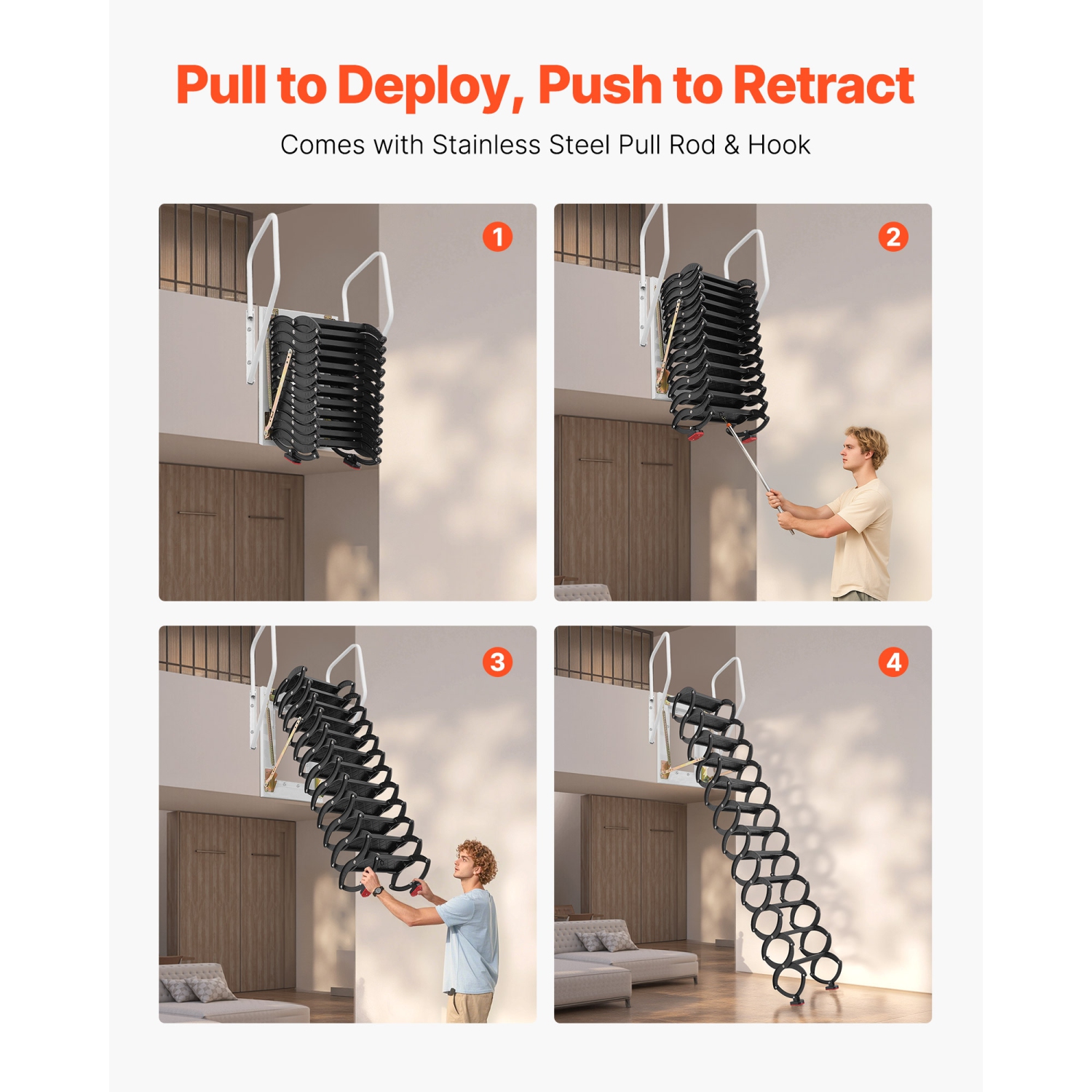 VEVOR 660LBS/299.4KG Capacity Attic Ladder Wall-Mounted, Fits 9.5 to 10 ft Ceiling Height, 12-Step Steel Folding Stairs with Handrails, Pull Down