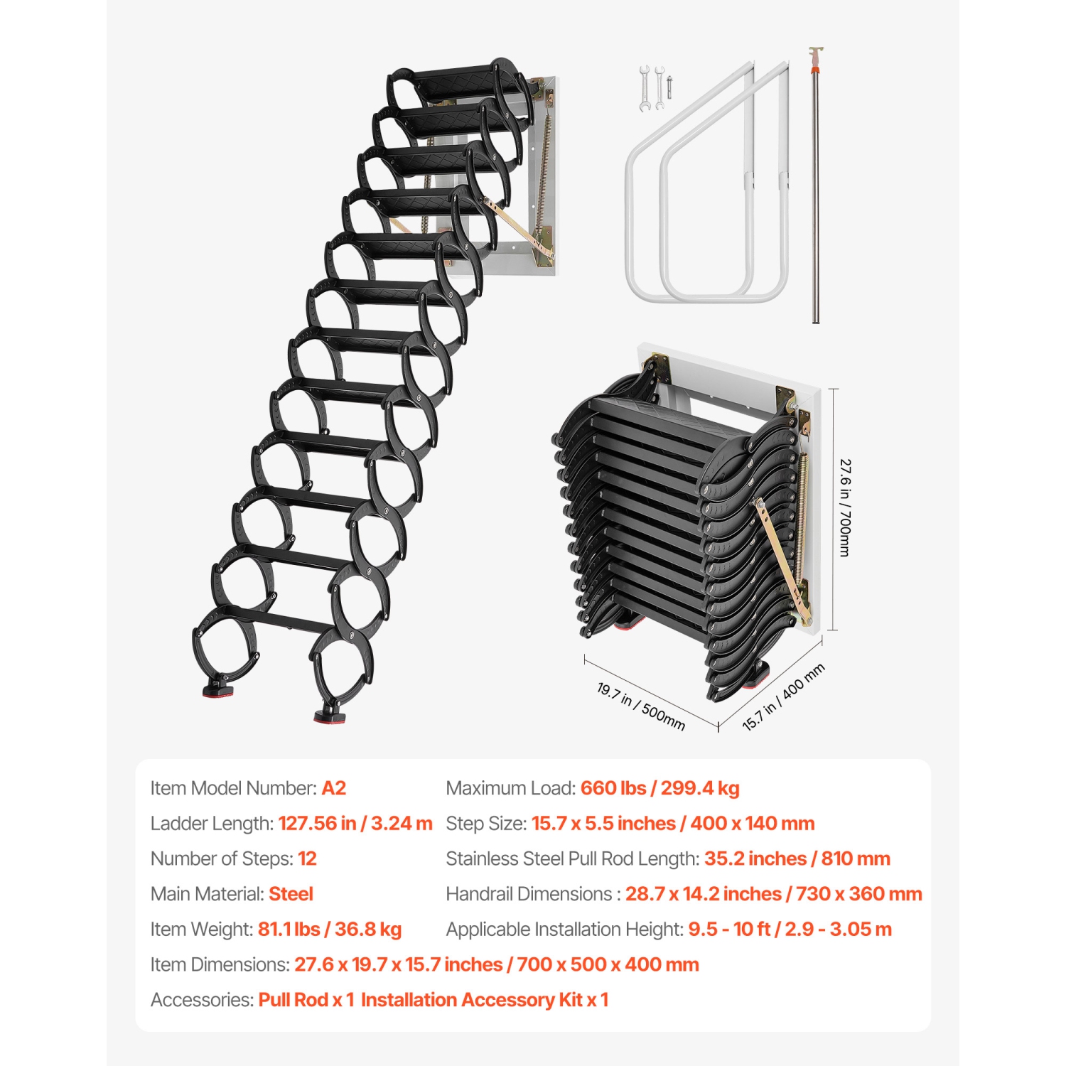 VEVOR 660LBS/299.4KG Capacity Attic Ladder Wall-Mounted, Fits 9.5 to 10 ft Ceiling Height, 12-Step Steel Folding Stairs with Handrails, Pull Down