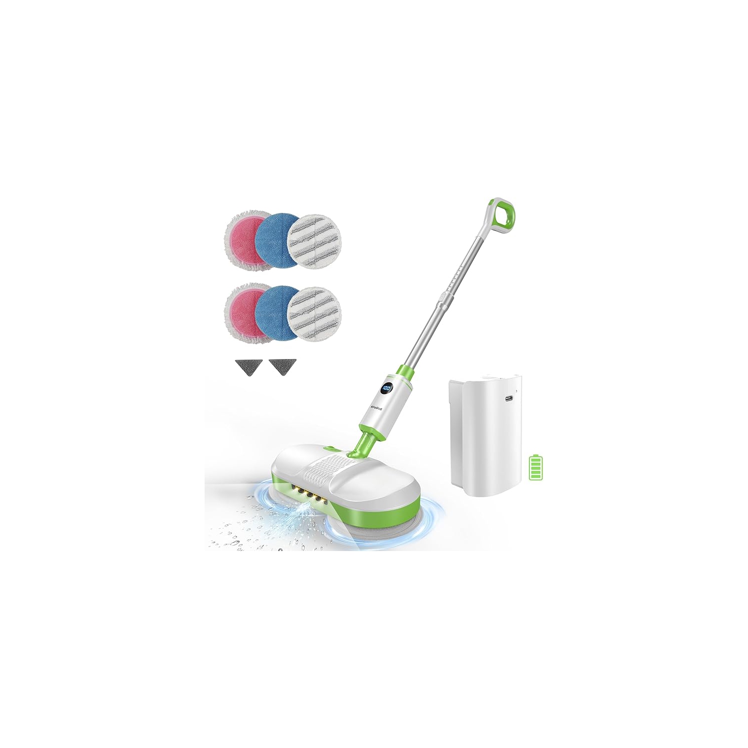 AlfaBot Cordless Electric Mop for Floor Cleaning, Dual Spin Mop with LED Headlight/Water Spray/Self-Propelled,Clean up to 2700 ft²,Rechargeable