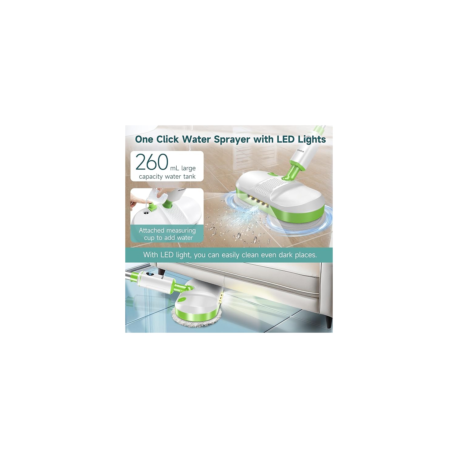 AlfaBot Cordless Electric Mop for Floor Cleaning, Dual Spin Mop with LED Headlight/Water Spray/Self-Propelled,Clean up to 2700 ft²,Rechargeable